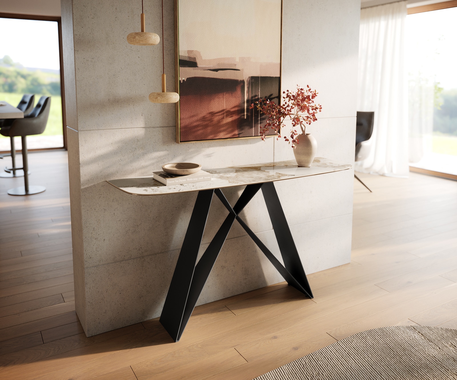 Konsolentisch Edge Boot 140x40 cm Keramik Minas Melange Weiß-Beige Velio Metall Schwarz