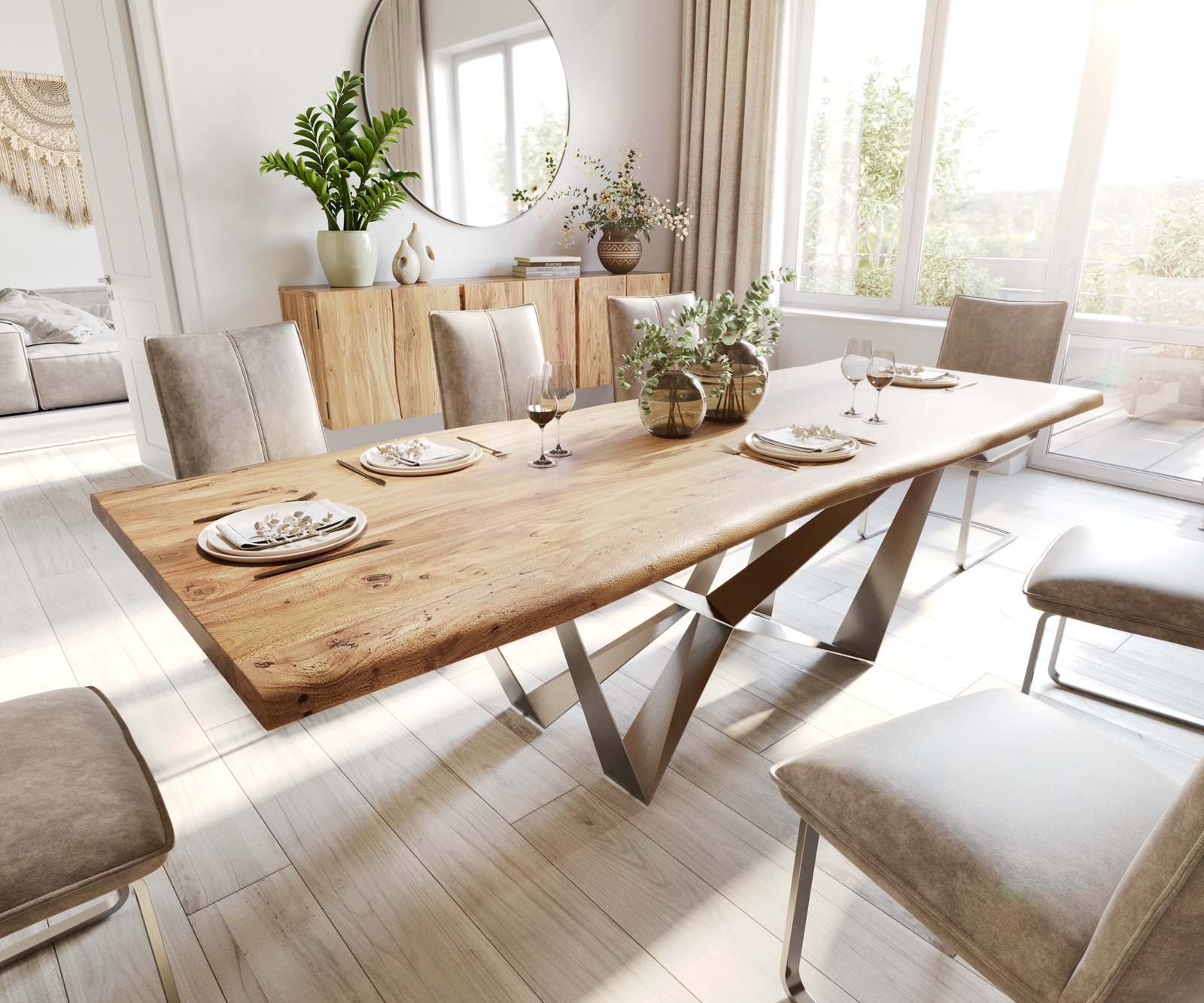 Esstisch Edge 260x100 Akazie Natur Spider Flachstahl Edelstahl Live-Edge 1
