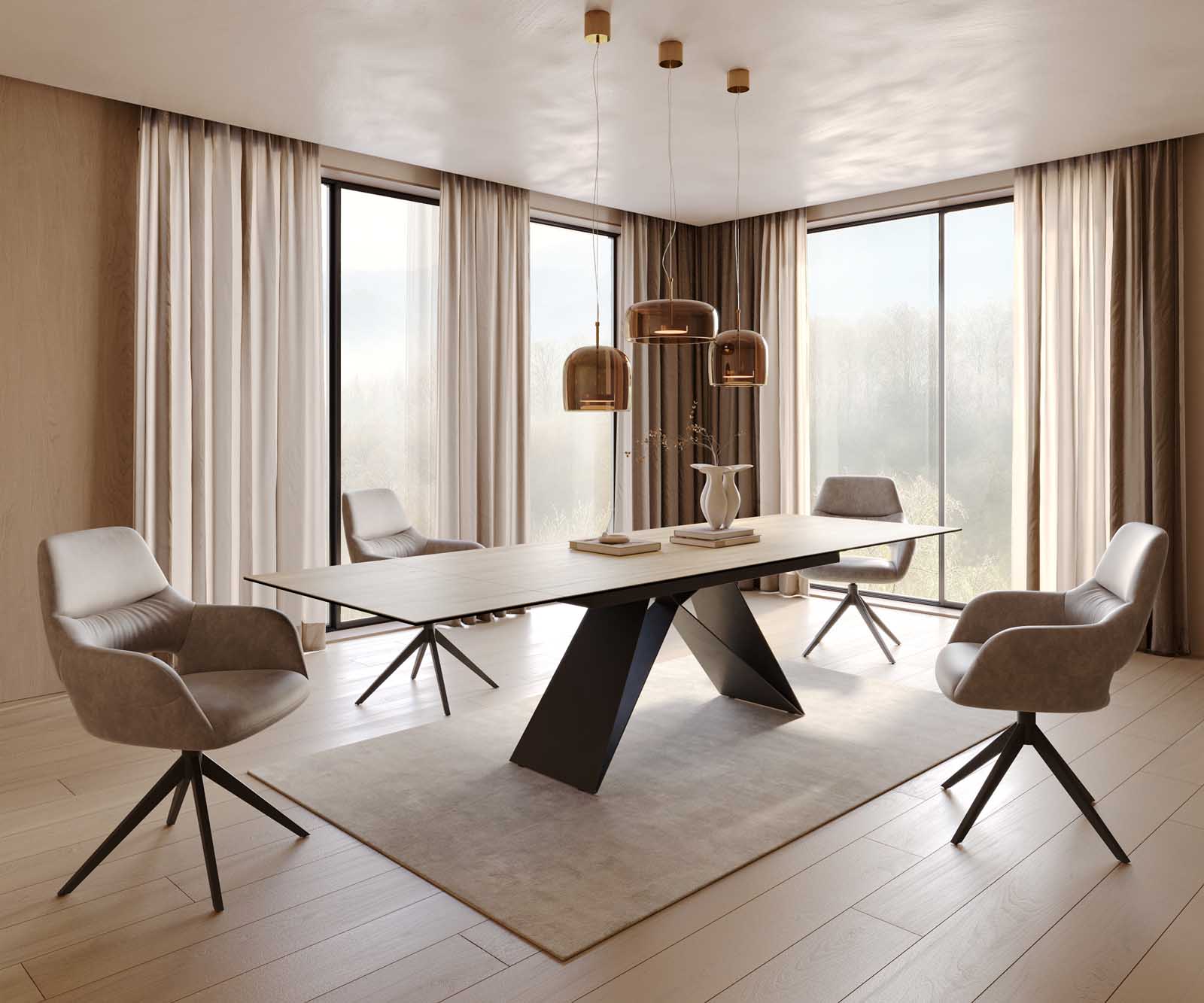 Esstisch Edge 200-300x100 Keramik Laminam® Sabbia Eichefarbig V-Gestell Flachstahl Schwarz ausziehbar 8