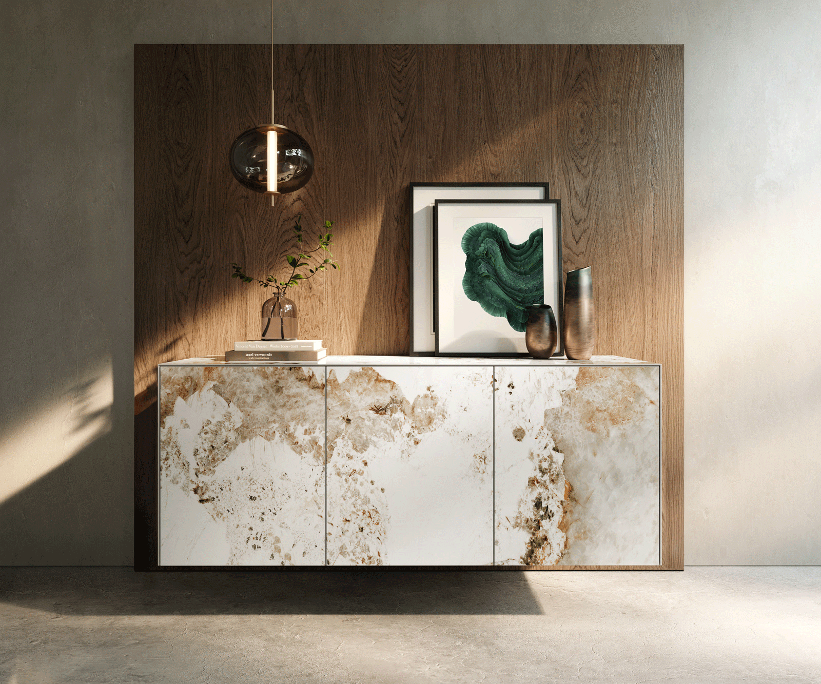 Sideboard Cuor 150 cm Keramik Minas Melange Weiß-Beige 3 Türen Schwebend 2