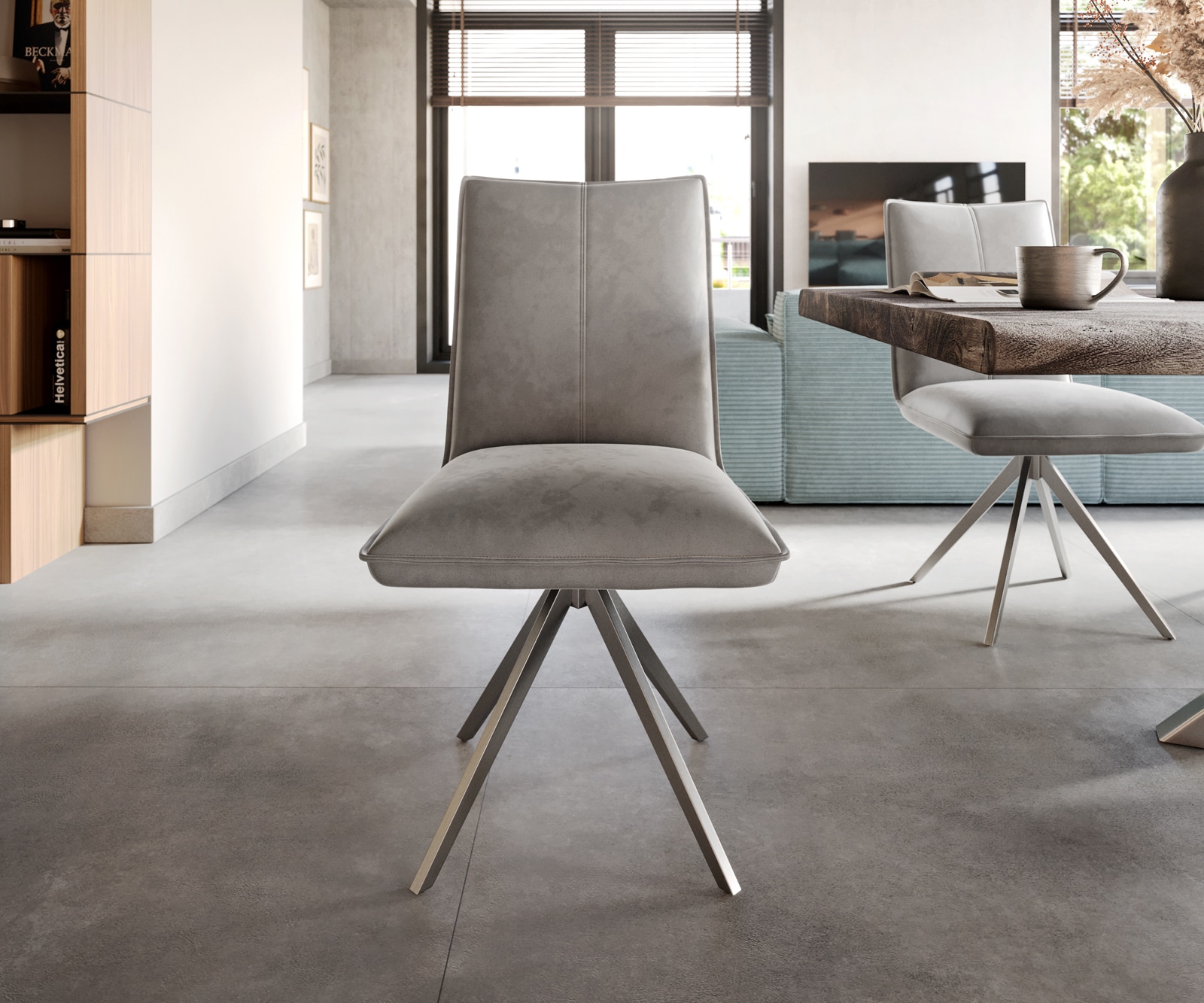 Esszimmerstuhl Lelio-Flex Samt Grau Kreuzgestell breit Edelstahl Taschenfederkern 1 Esszimmerstuhl Lelio-Flex Samt Grau Kreuzgestell breit Edelstahl Taschenfederkern 1