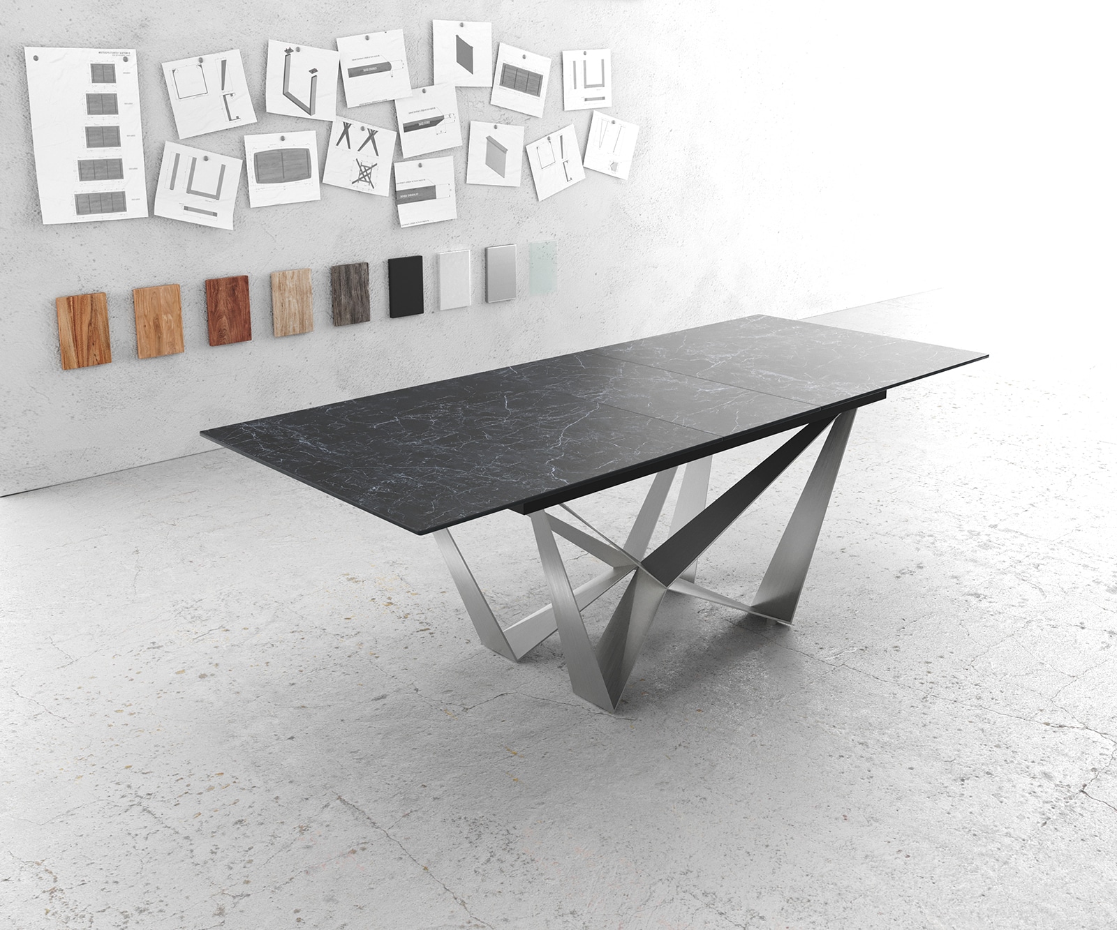 Esstisch Edge 180-220x90cm Keramik Laminam®Nero Greco Anthrazit Mittelfuß Flachstahl Silber ausziehbar