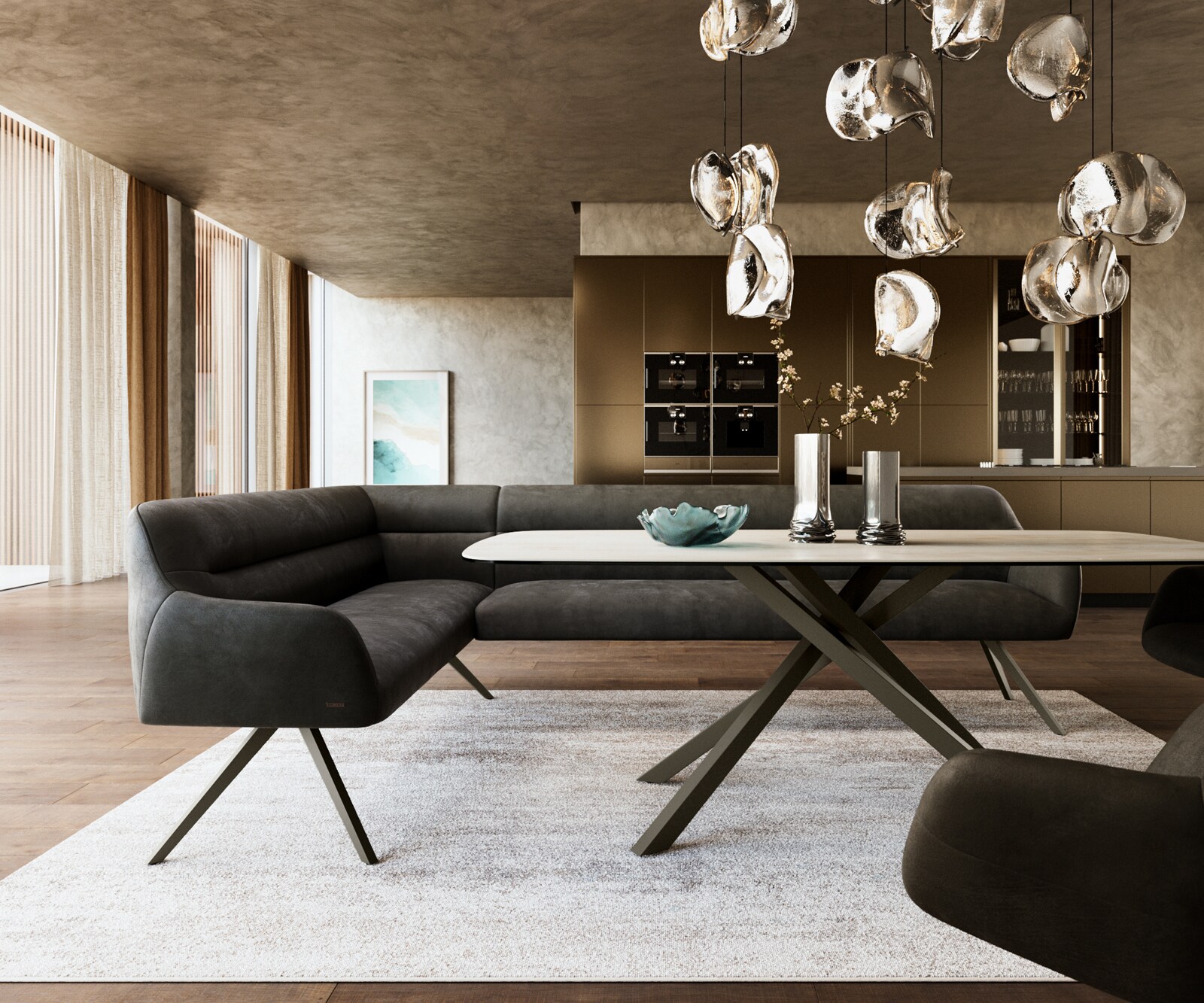 Esszimmerbank Taya-Flex 285x190 cm Mikrofaser Anthrazit Vintage Kreuzgestell kantig Effektfinish Titan Taschenfederkern Rechts 2