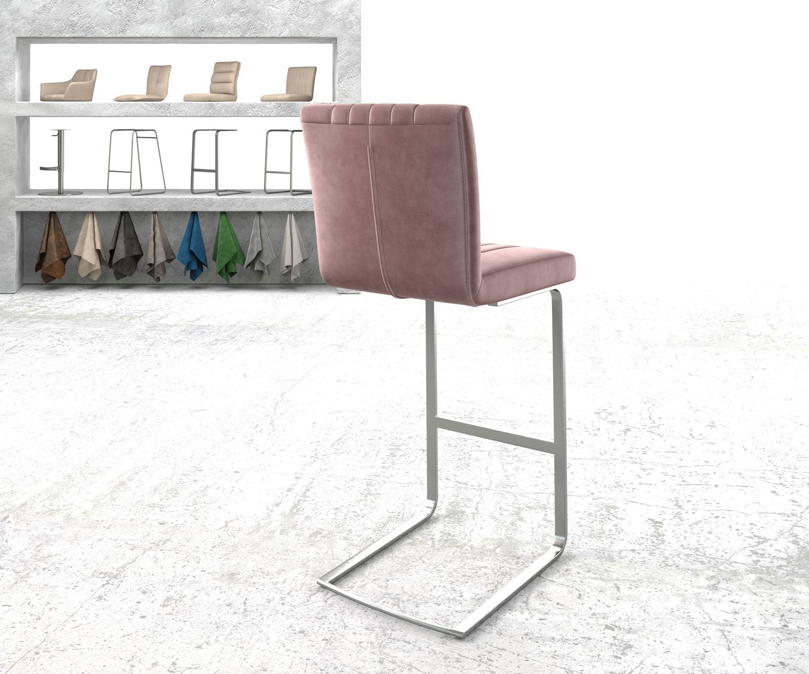 Barstuhl Luiga-Flex Samt Rosé Freischwinger flach Edelstahl 2 Barstuhl Luiga-Flex Samt Rosé Freischwinger flach Edelstahl 2