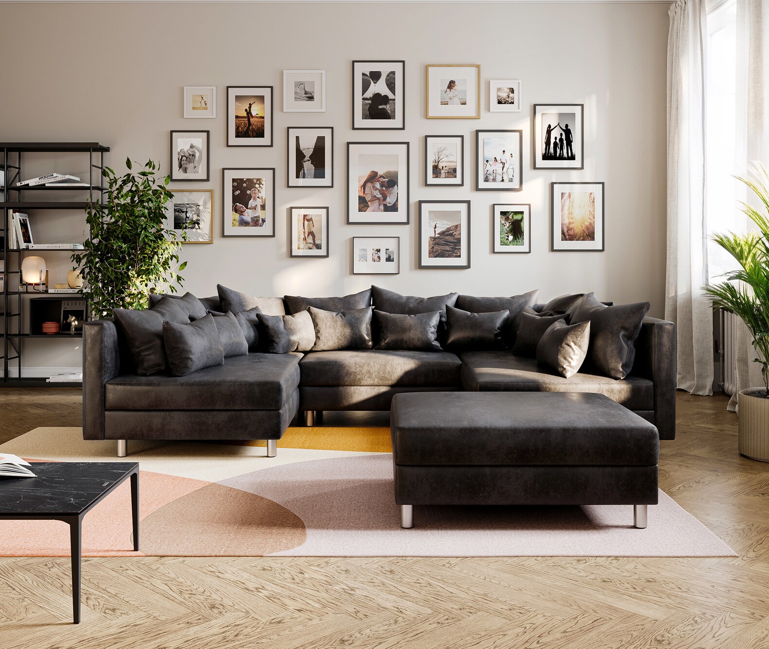 Wohnlandschaft Clovis Anthrazit Antik Optik modular Hocker  1