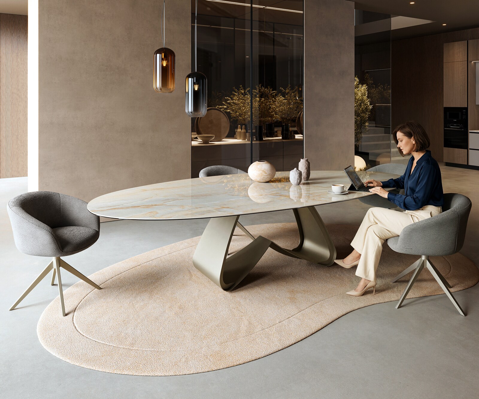 Esstisch Edge Oval 315x150 cm Keramik Iris FMG Onice Oro W-Gestell Metall Effektfinish Titan 6