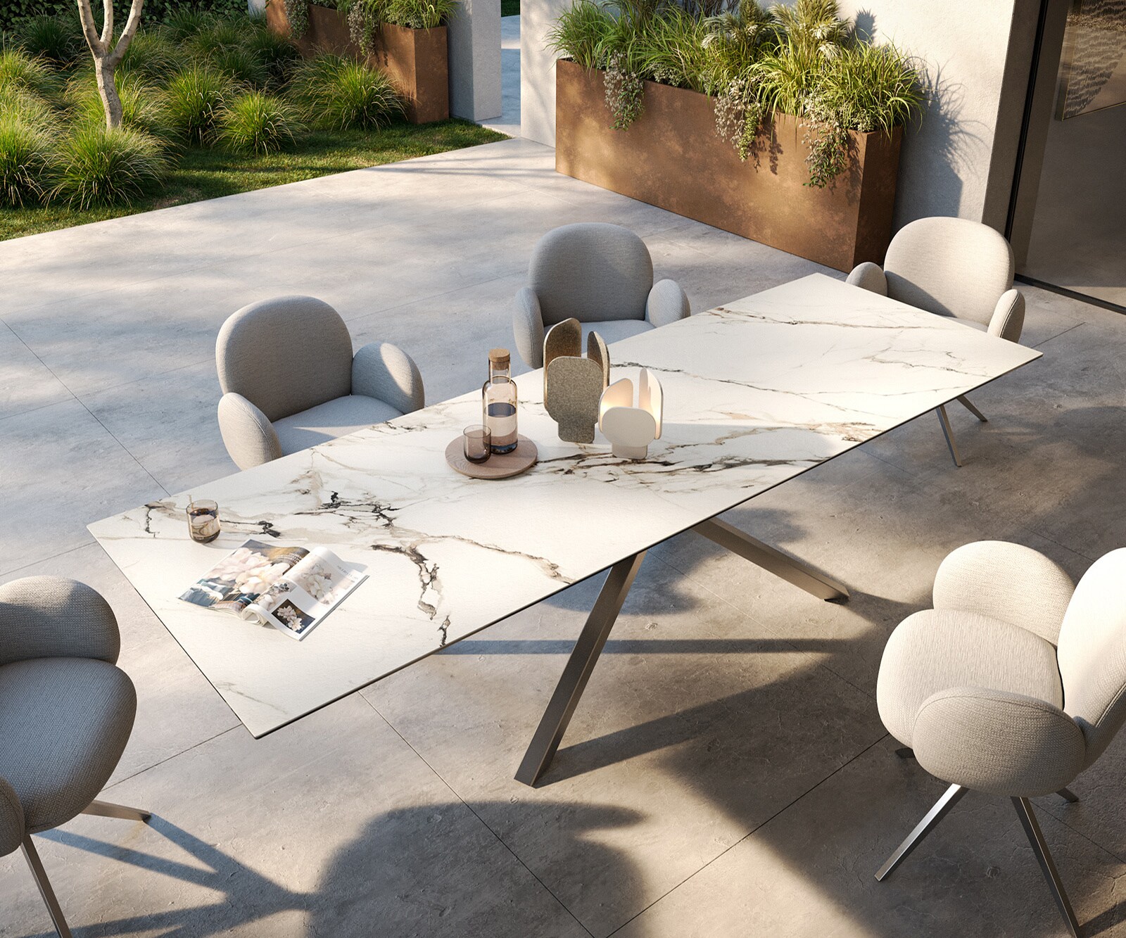 Outdoortisch Edge 300x100 cm Keramik Calacatta Luxe Weiß-Gold-Grau Kreuzgestell Rechteck Edelstahl 3