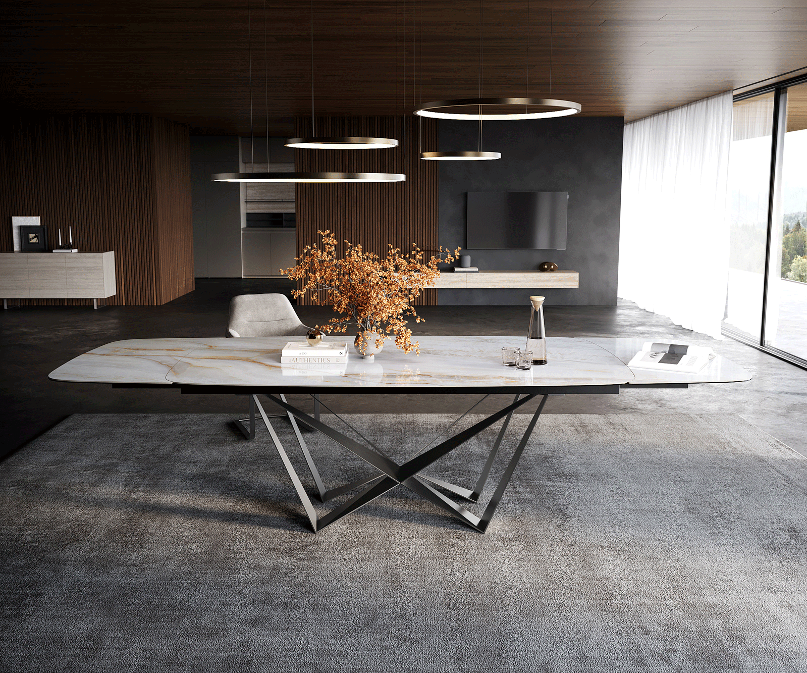 Esstisch Edge Boot 200-300x120 cm Keramik Onyx Pearl Spider Flachstahl Edelstahl Graphit ausziehbar 2