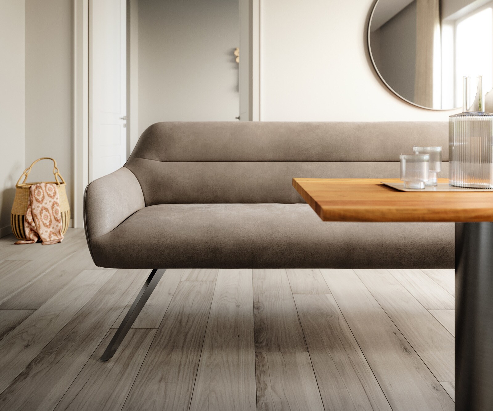 Esszimmerbank Taya-Flex 300 cm Mikrofaser Taupe Vintage Kreuzgestell kantig Graphit Taschenfederkern 1