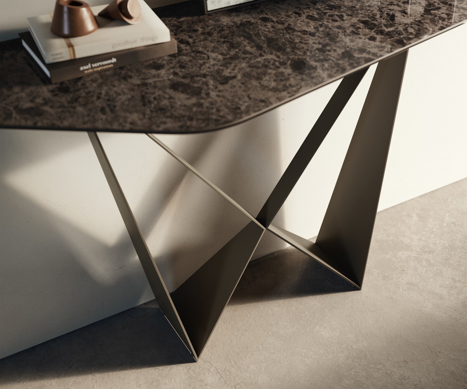 Konsolentisch Edge Polygonal 140x50 cm Keramik Emperador Extra Lucidato Dunkelbraun Spios Metall Effektfinish Titan 5