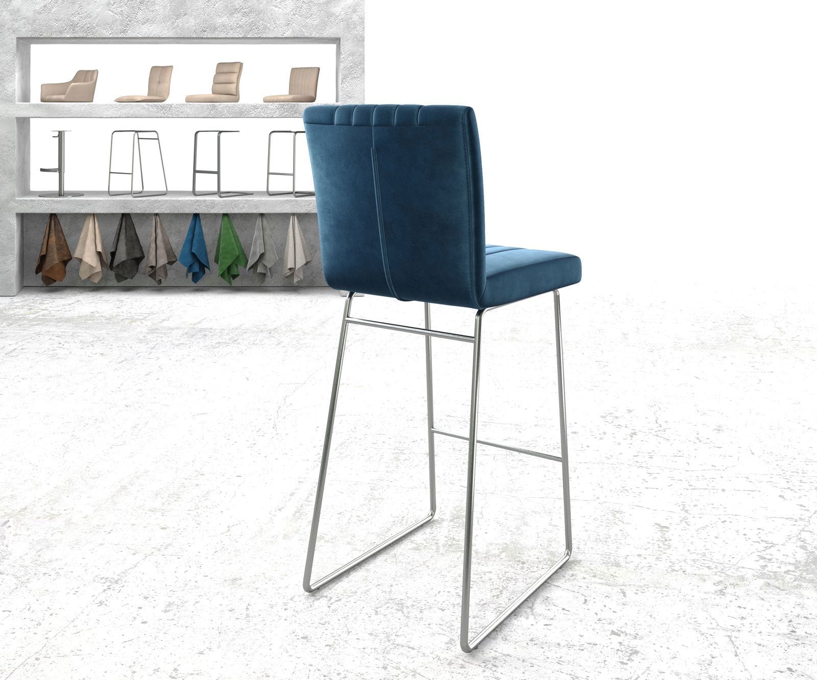 Barstuhl Luiga-Flex Samt Blau Kufengestell Edelstahl 2 Barstuhl Luiga-Flex Samt Blau Kufengestell Edelstahl 2