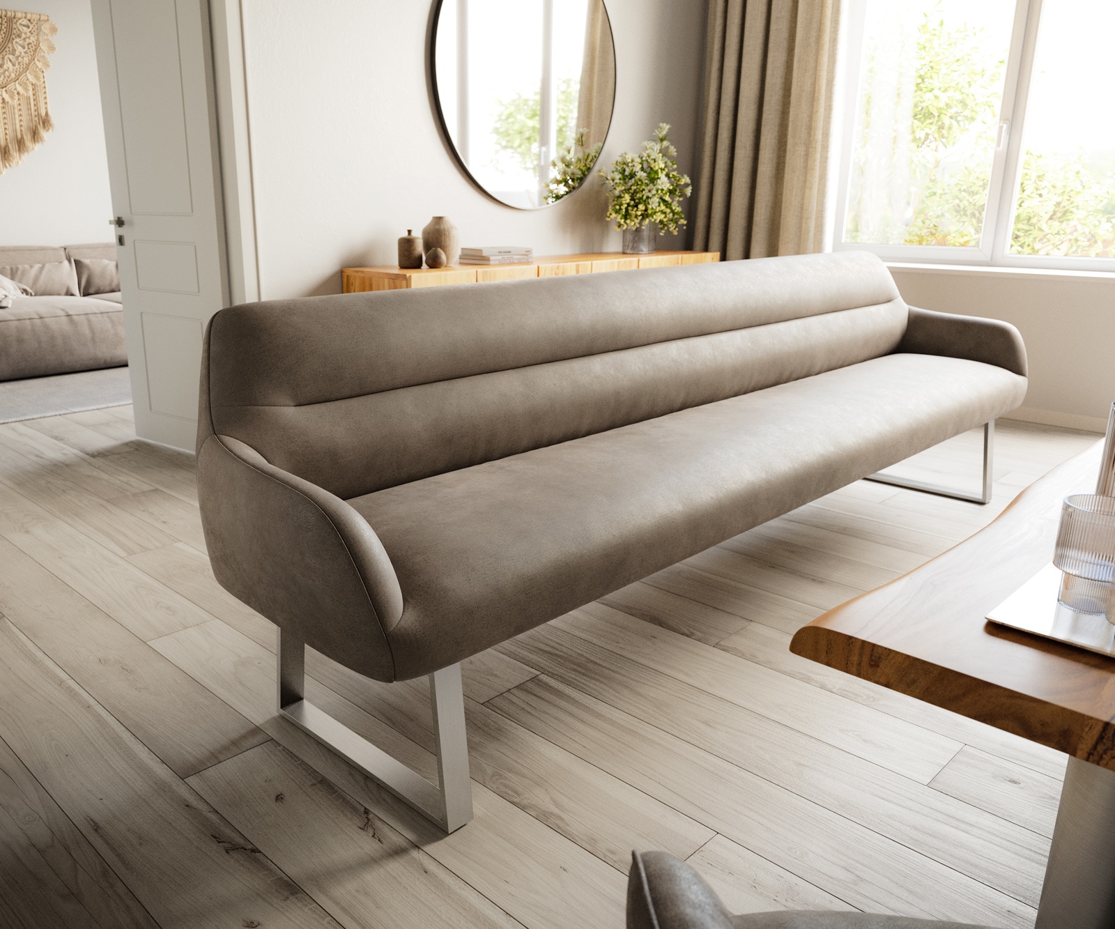 Esszimmerbank Taya-Flex 300 cm Mikrofaser Taupe Vintage Kufengestell kantig Edelstahl Taschenfederkern