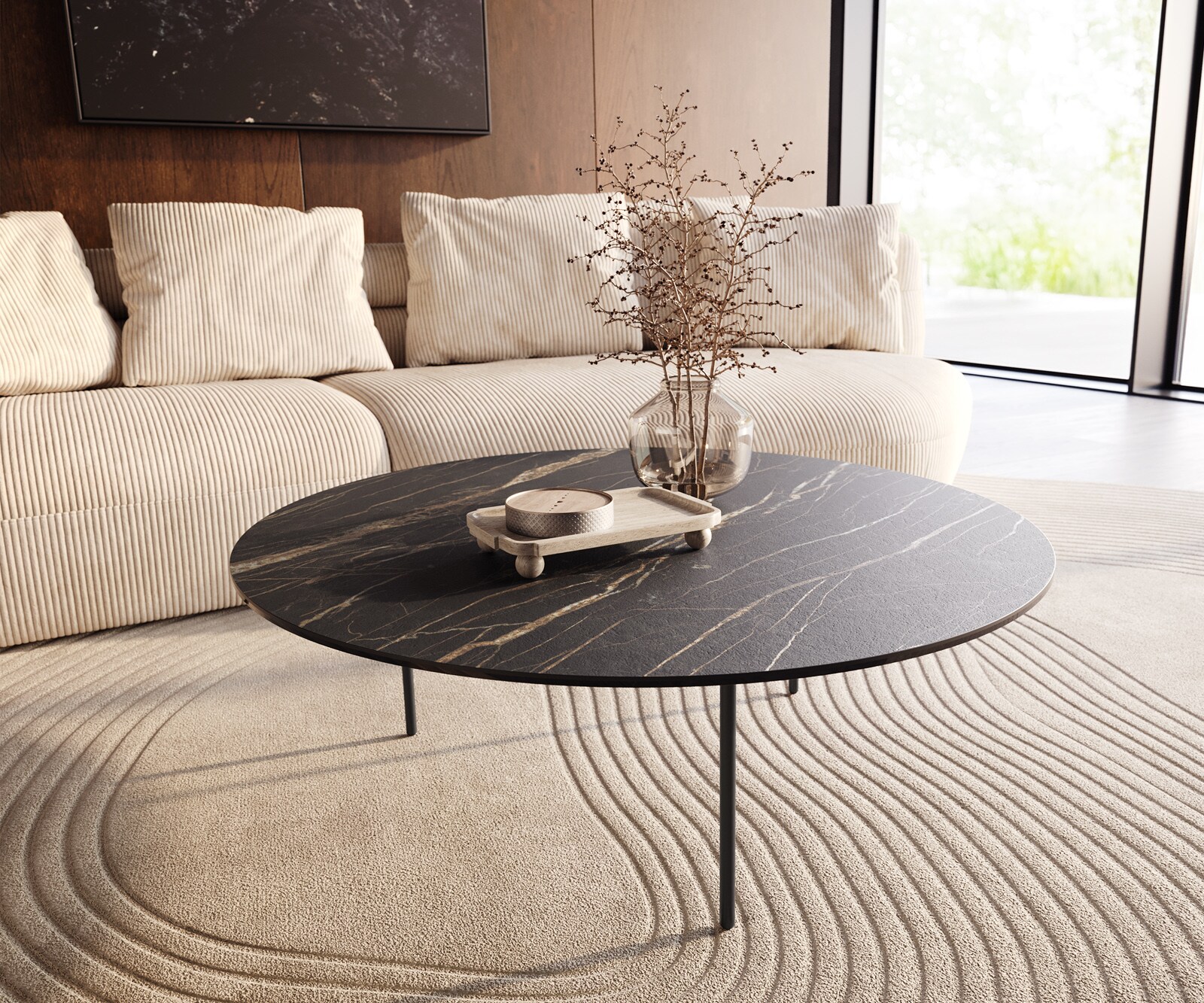 DELIFE Couchtisch Edge Rund 100x100 cm Keramik Laminam Noir Desir Braun Trive Metall Schwarz, Couchtische - B100 x T100 x H34 cm
