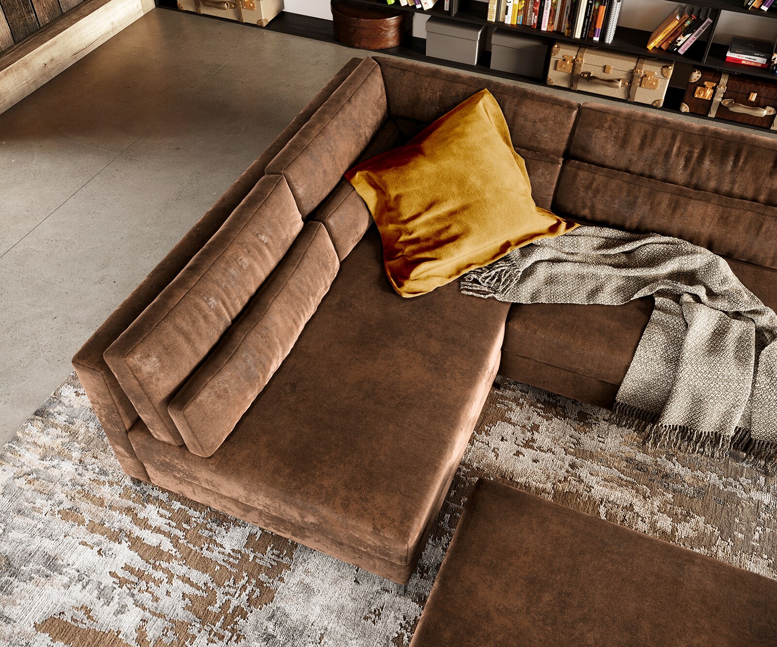 Wohnlandschaft Elio 300x185 cm Lederimitat Vintage Braun Antik mit Hocker 6