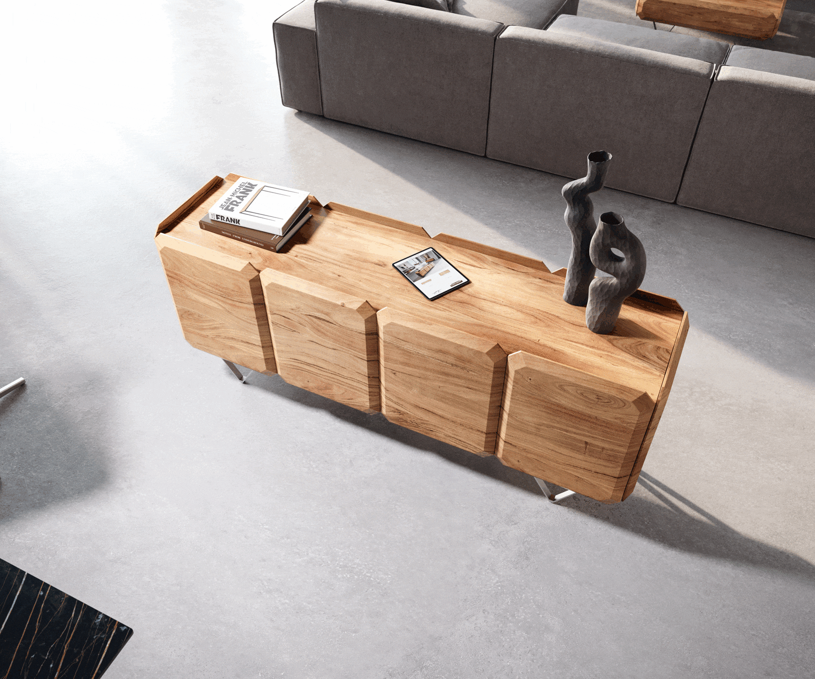 Sideboard Kiano 175 cm Akazie Natur 4 Türen V-Fuß Edelstahl Raumteiler 2 Sideboard Kiano 175 cm Akazie Natur 4 Türen V-Fuß Edelstahl Raumteiler 2