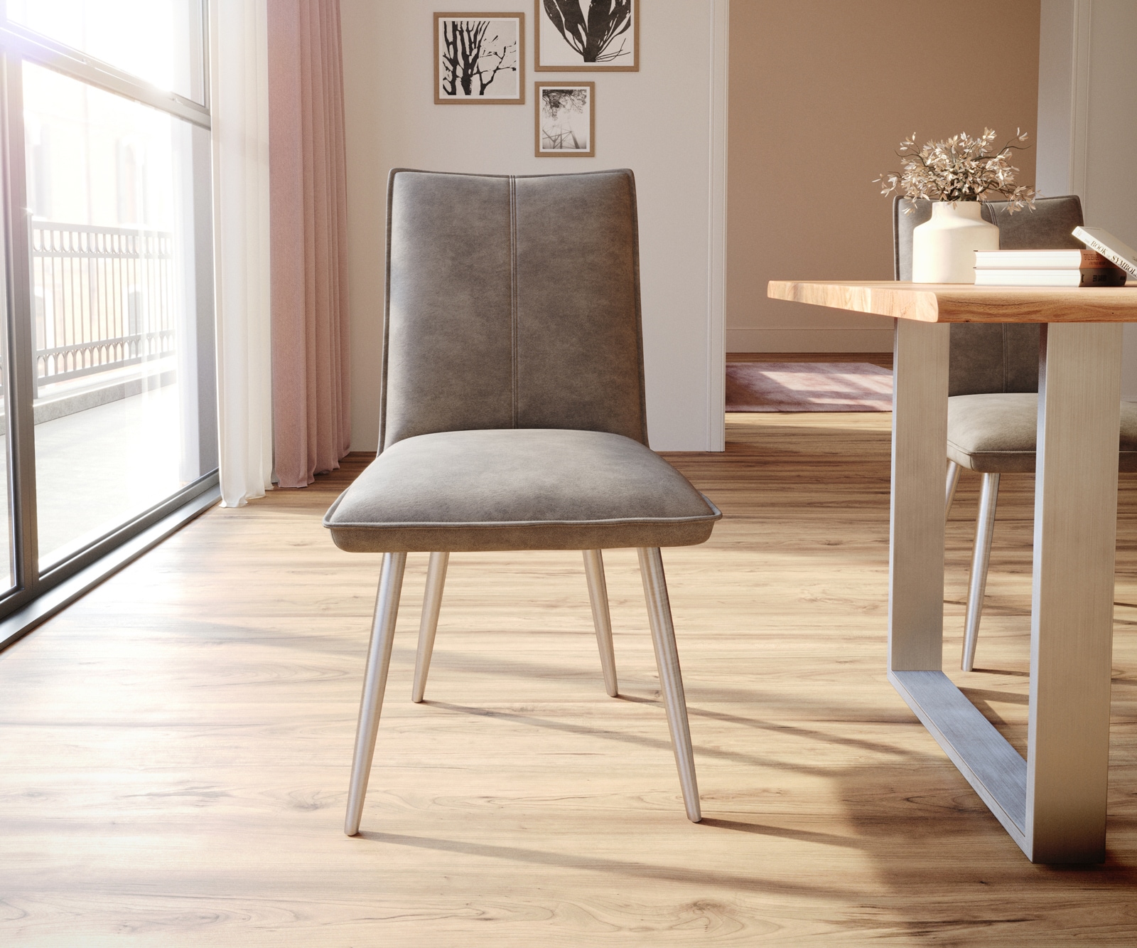 Esszimmerstuhl Lelio-Flex Mikrofaser Taupe Vintage 4-Fuß konisch Edelstahl Taschenfederkern 1 Esszimmerstuhl Lelio-Flex Mikrofaser Taupe Vintage 4-Fuß konisch Edelstahl Taschenfederkern 1