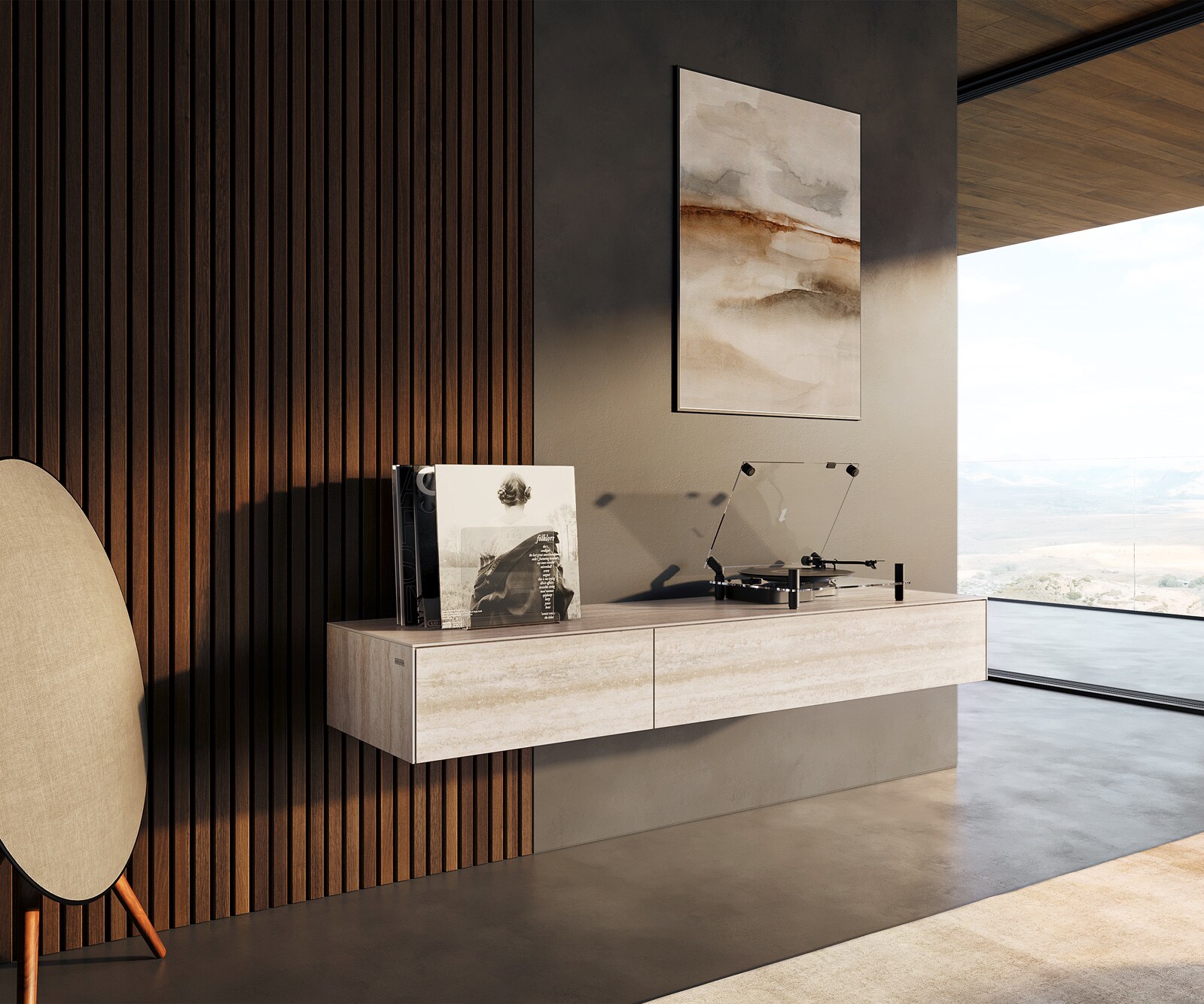 Lowboard Cuor 150 cm Keramik Laminam® Travertino Bianco Creme-Weiß 1 Klappe 1 Schubfach Schwebend