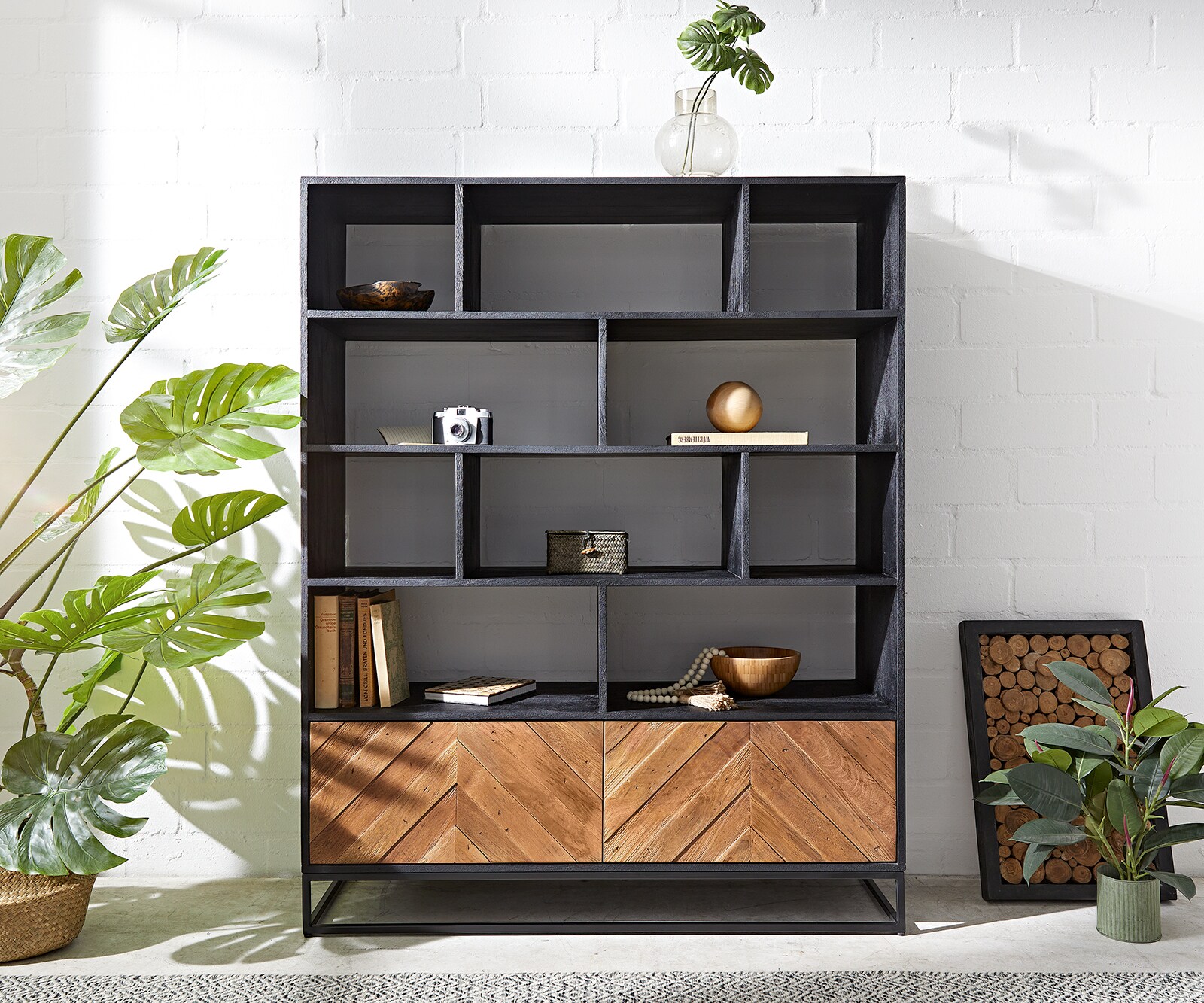 Highboard Famke 120 cm Mango Teak 10 Fächer 2 Türen 1