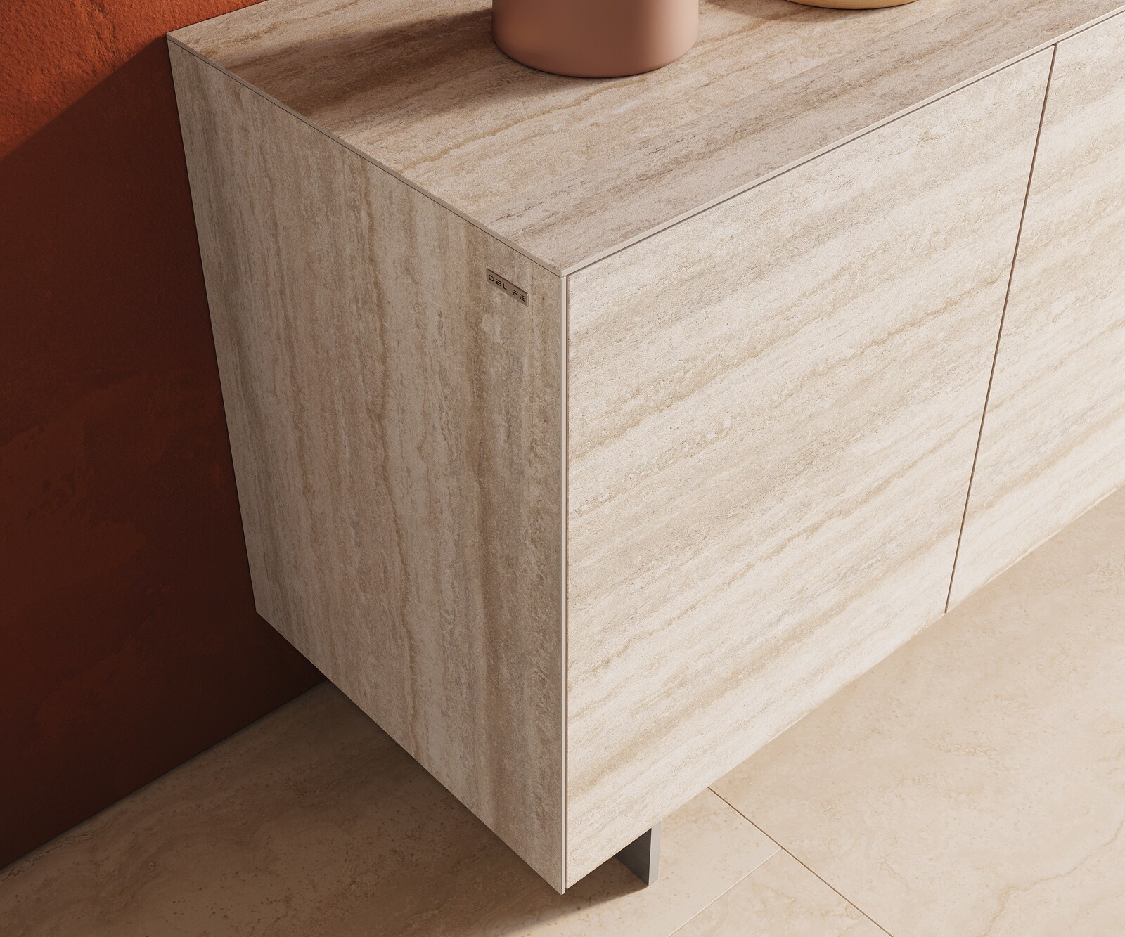 Sideboard Cuor 150 cm Keramik Laminam® Travertino Bianco Creme-Weiß 3 Türen Fuß Schwebeoptik Edelstahl 6