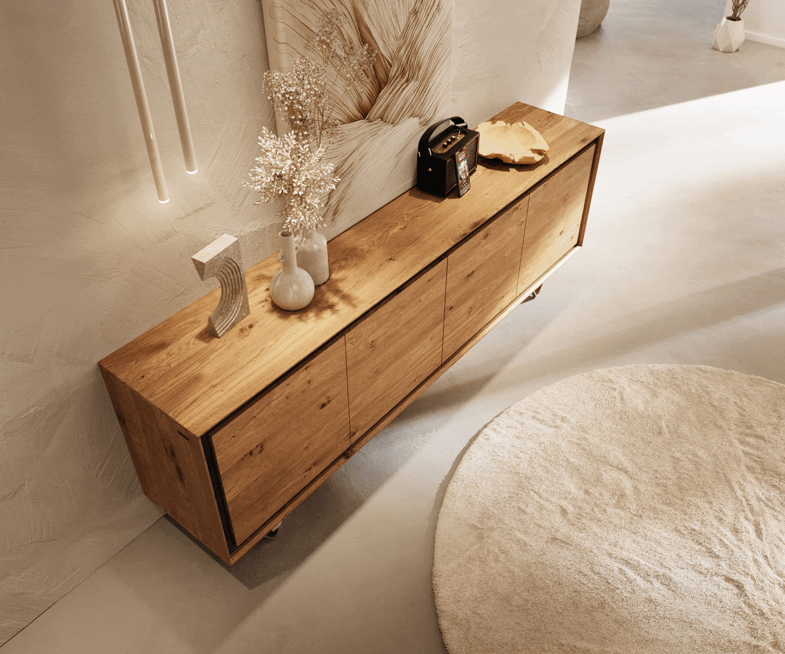 Sideboard Stonegrace 200 cm Eiche Natur 4 Türen Steinfurnier V-Fuß Edelstahl 3