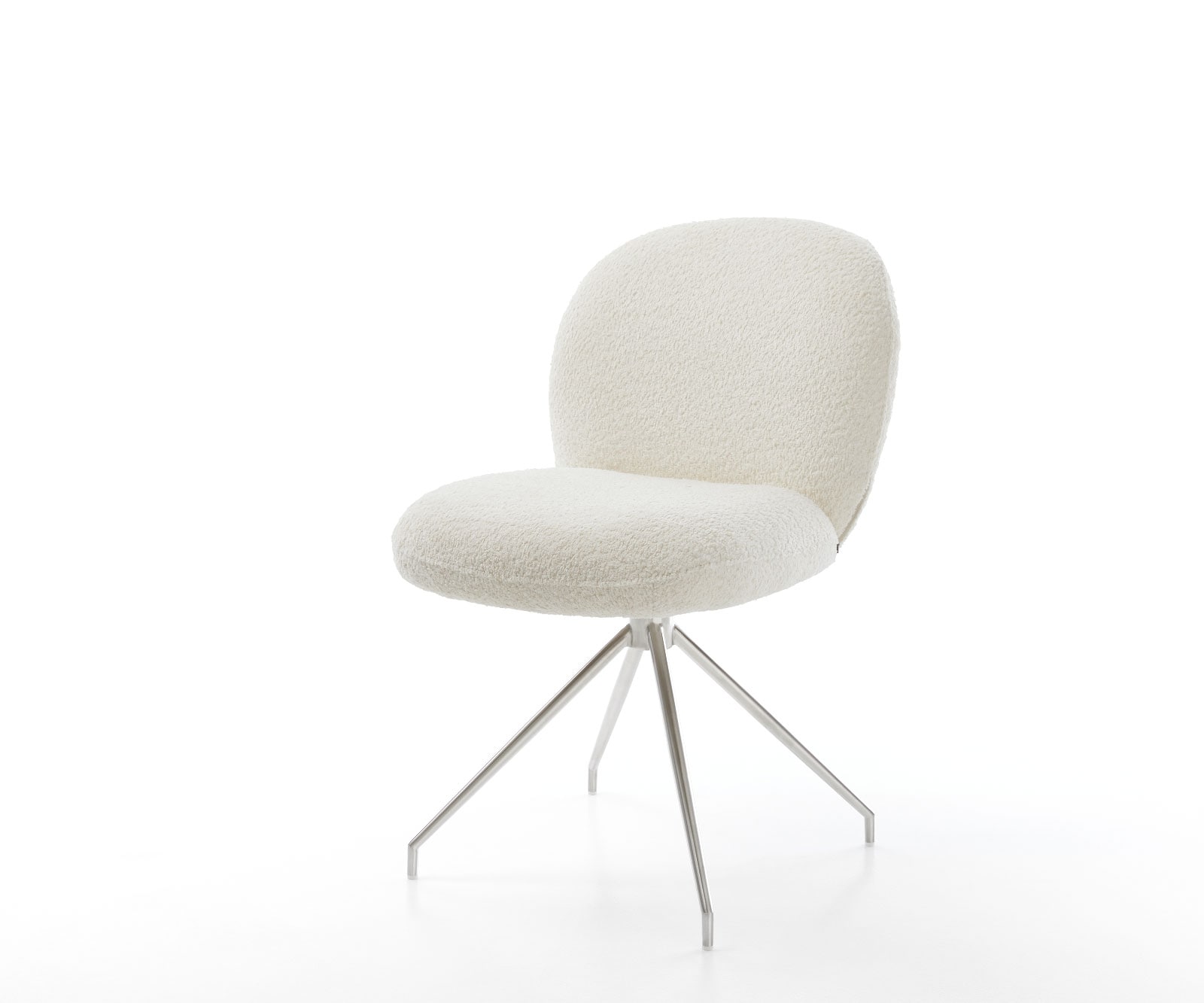 Drehstuhl Nube-Flex Bouclé Weiß Kreuzgestell konisch Edelstahl 180° drehbar Taschenfederkern