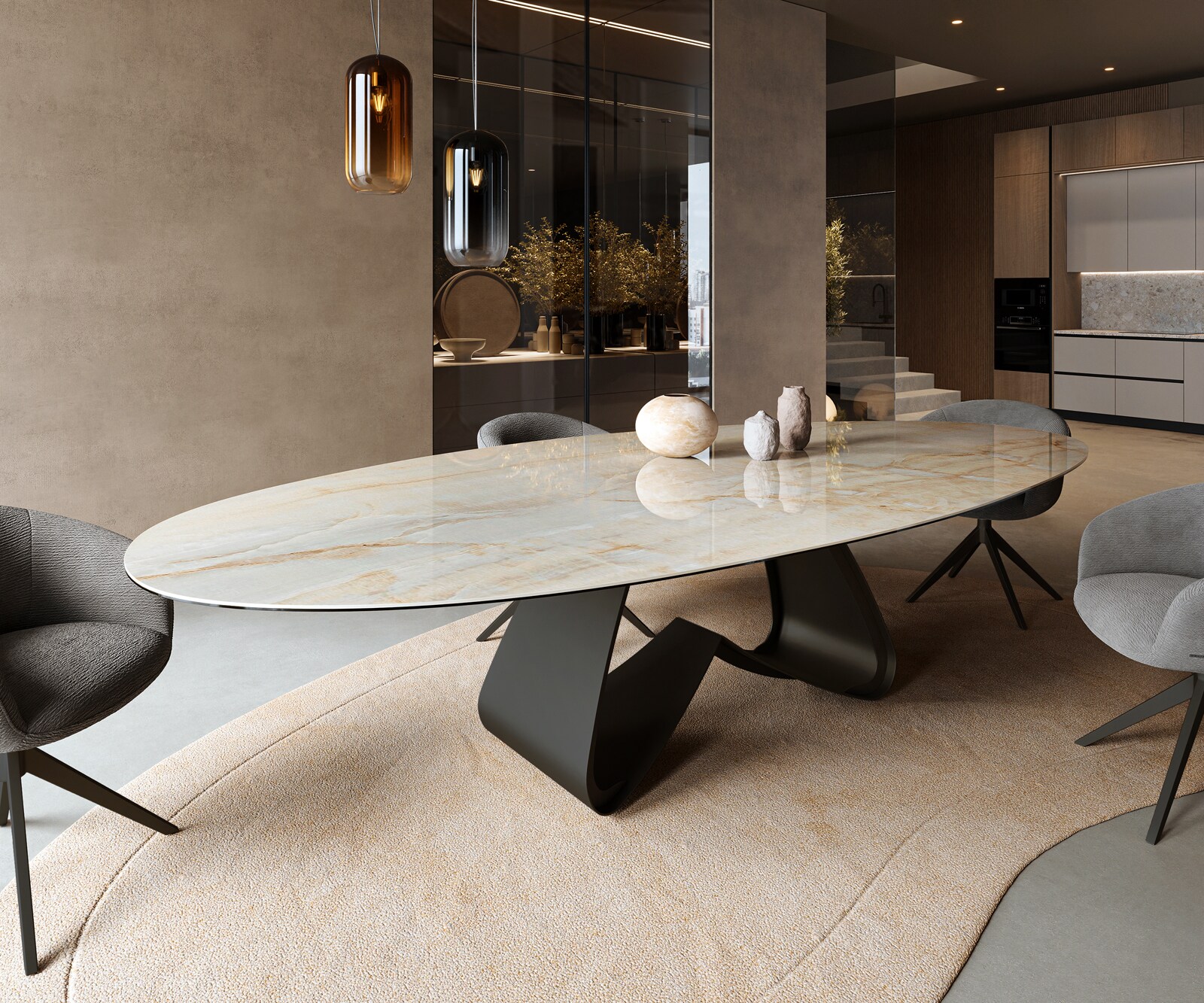 Esstisch Edge Oval 315x150 cm Keramik Iris FMG Onice Oro W-Gestell Metall Schwarz