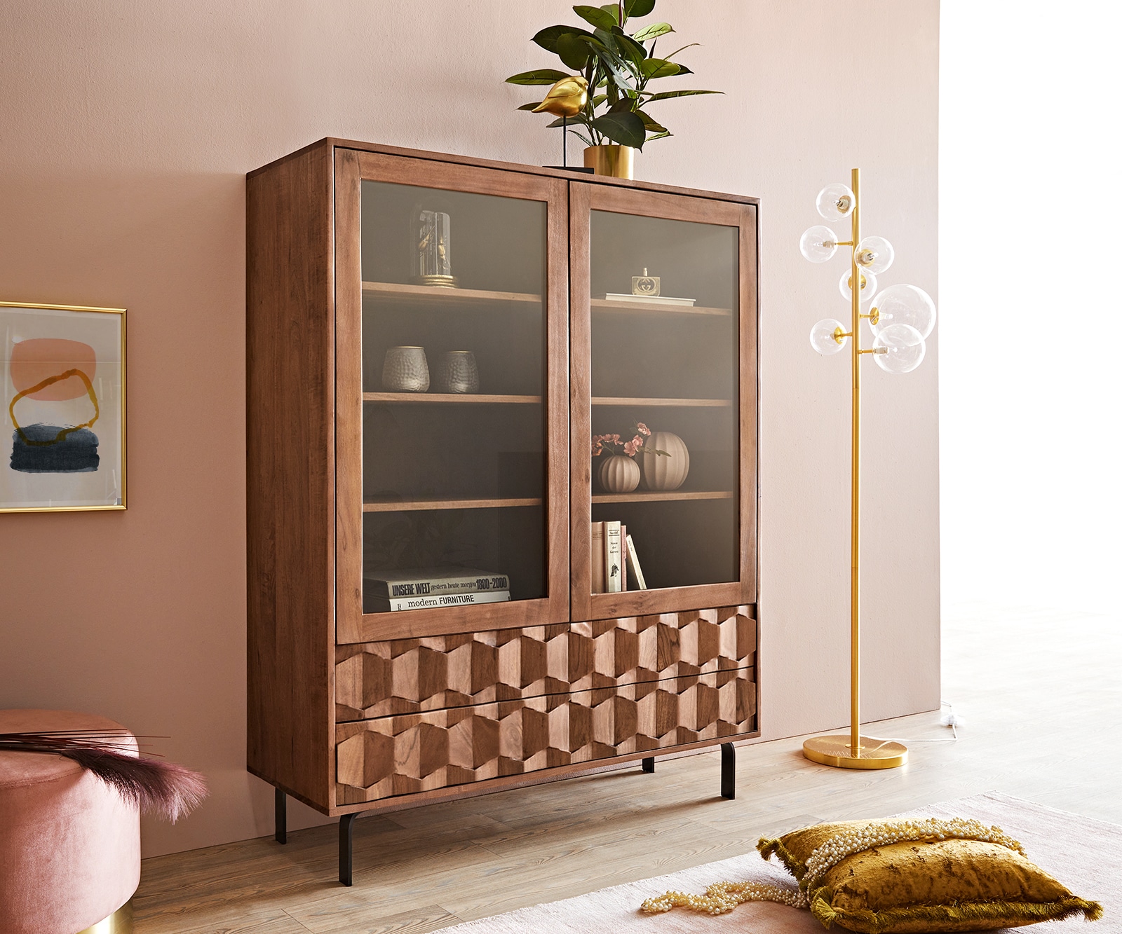 Delife Vitrine Fevo 115x150 Cm Akazie Braun L-Fuß