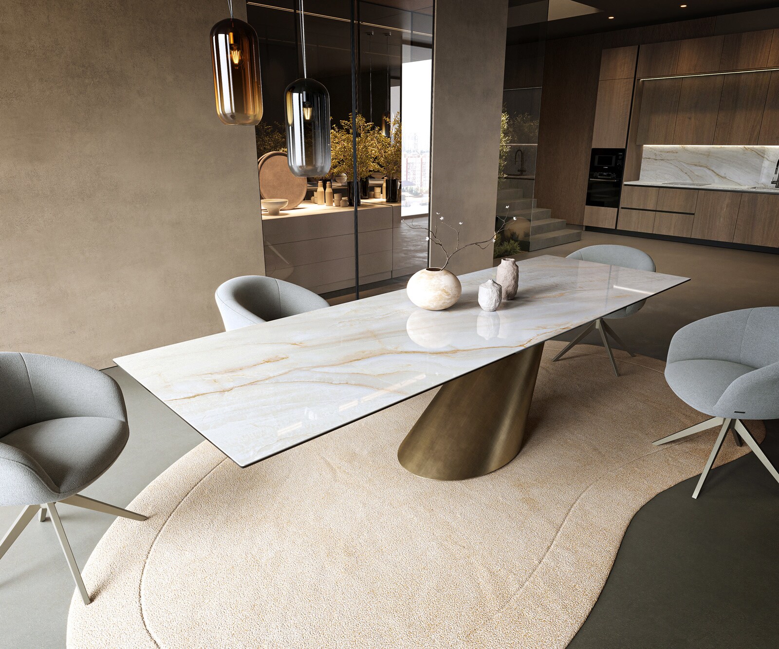 Esstisch Edge 300x100 cm Keramik Onyx Pearl Cono Metallic Gold 1