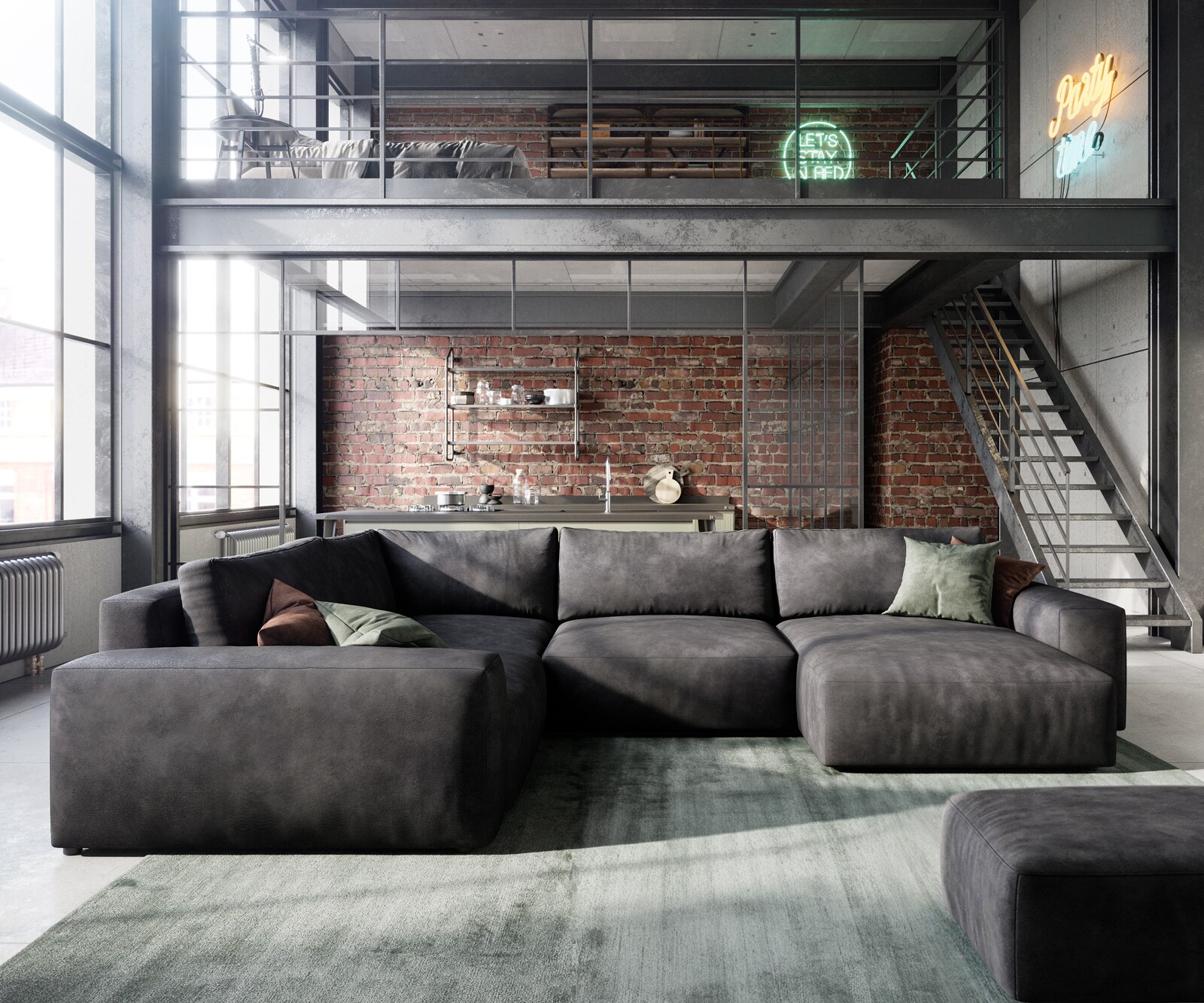 Wohnlandschaft Lanzo 300x210 cm Lederimitat Vintage Anthrazit Recamiere variabel mit Hocker 2