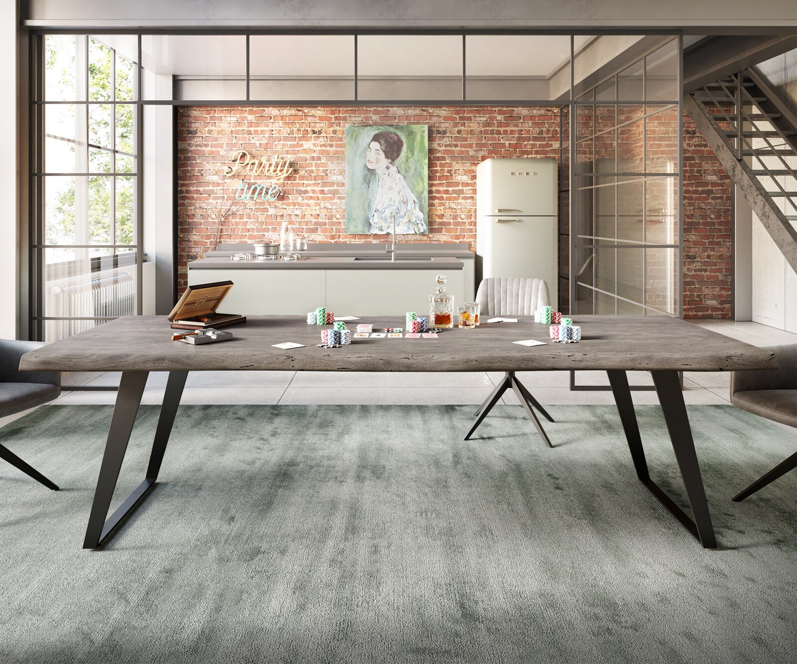Esstisch Edge 260x100 XL Akazie Platin Metall Schräg Schwarz Live-Edge 5