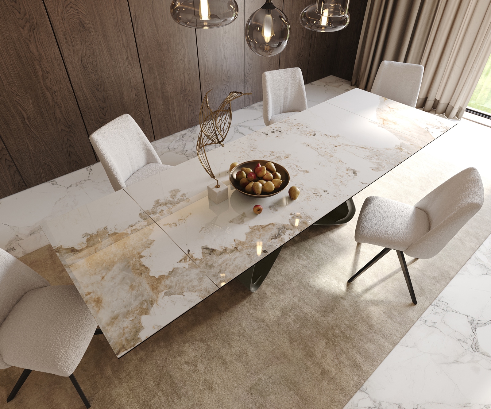 Esszimmertisch Edge Keramik Minas Melange Weiß-Beige 200-300x100 W-Gestell Effektfinish Titan Ausziehbar