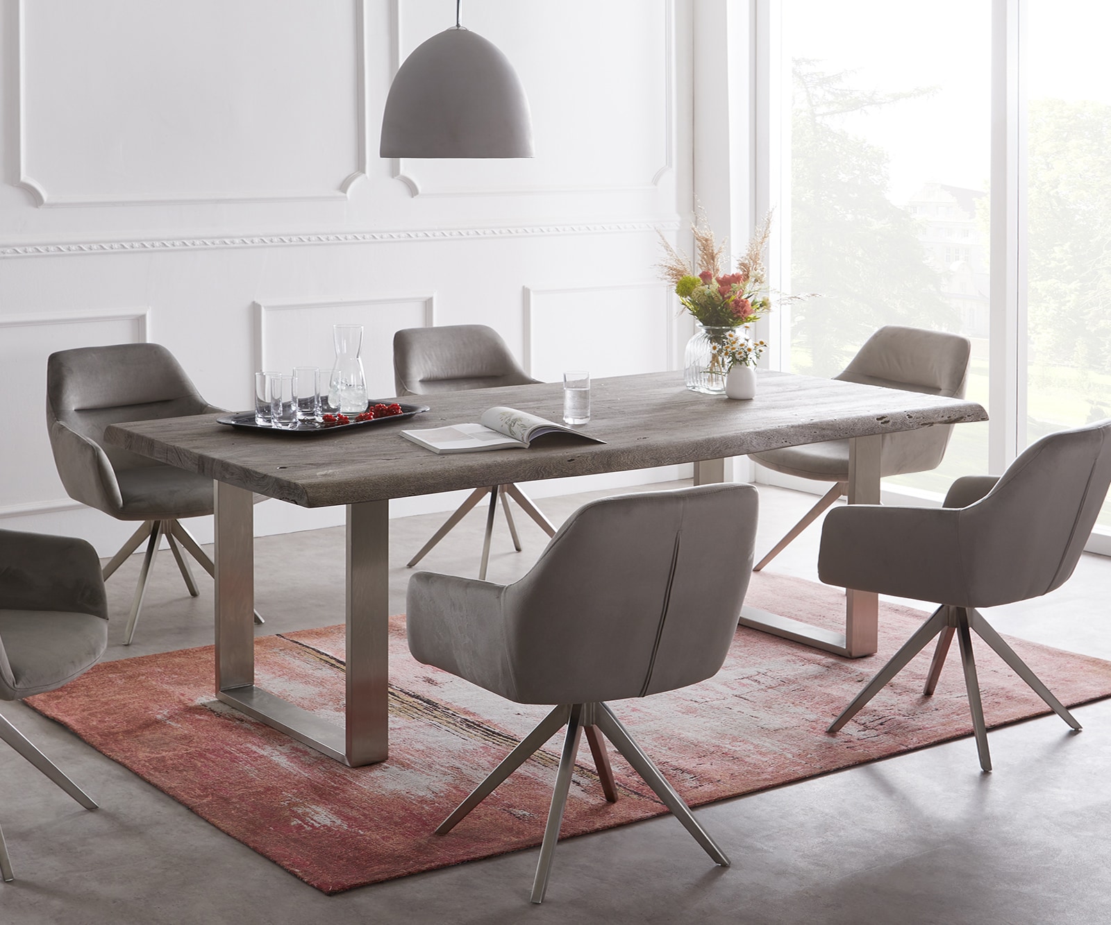Esstisch Edge 200x100 XL Akazie Platin Edelstahl Schmal Live-Edge Esstisch Edge 200x100 XL Akazie Platin Edelstahl Schmal Live-Edge