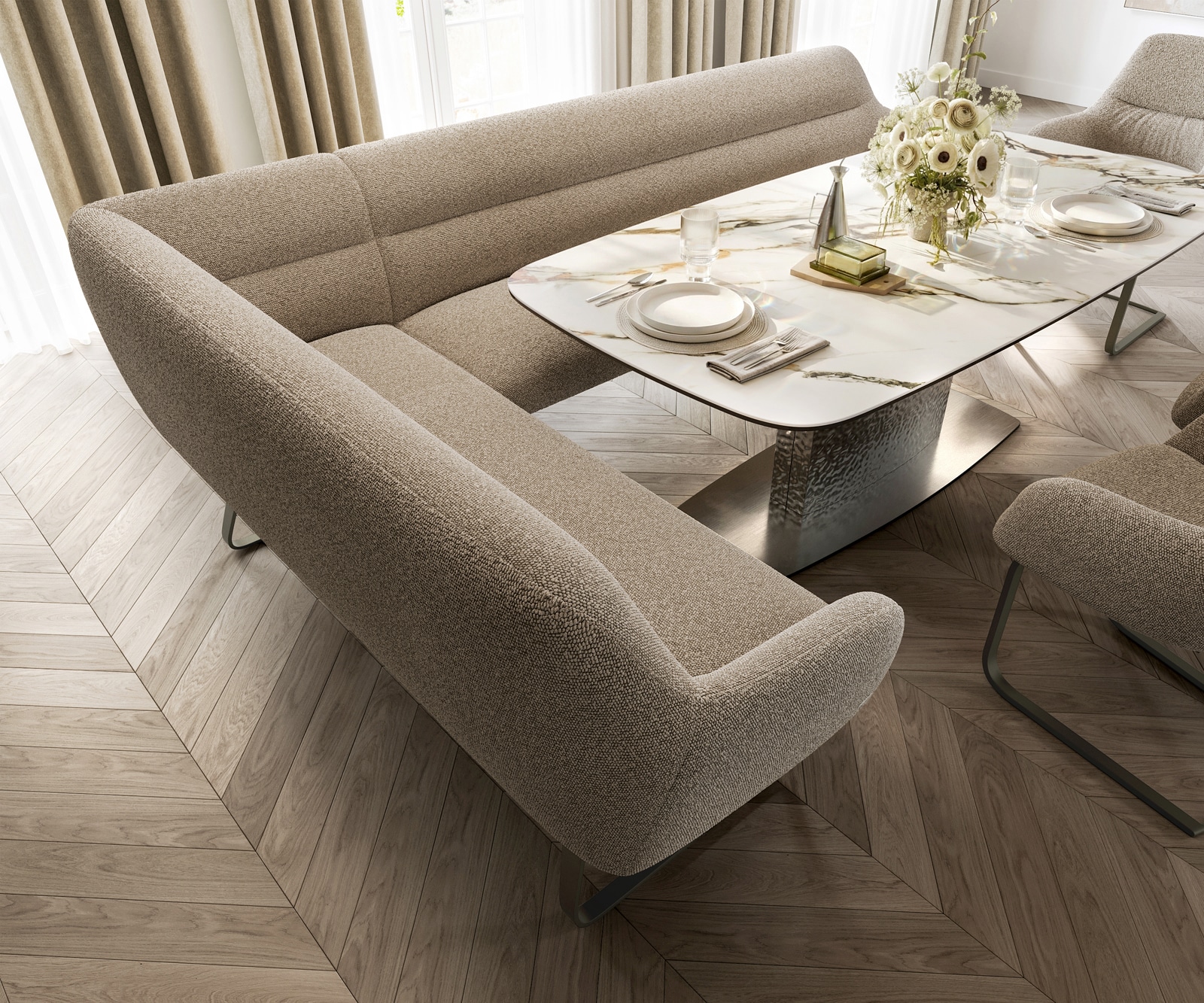 Esszimmerbank Taya-Flex 285x190 cm Bouclé Schlamm Kufengestell flach Effektfinish Titan Taschenfederkern Rechts 4