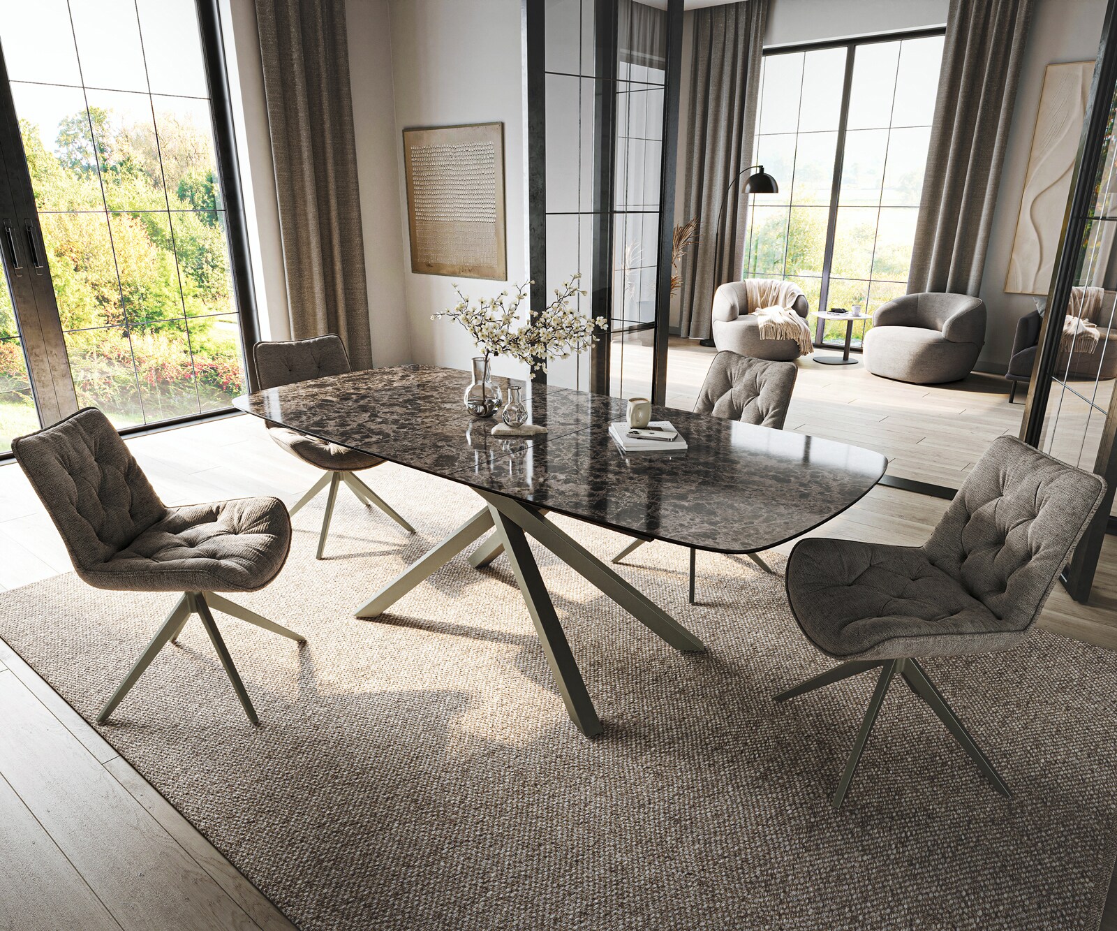 Esstisch Edge Boot 180-220x100 cm Keramik Emperador Extra Lucidato Dunkelbraun Kreuzgestell Rechteck Effektfinish Titan ausziehbar 1