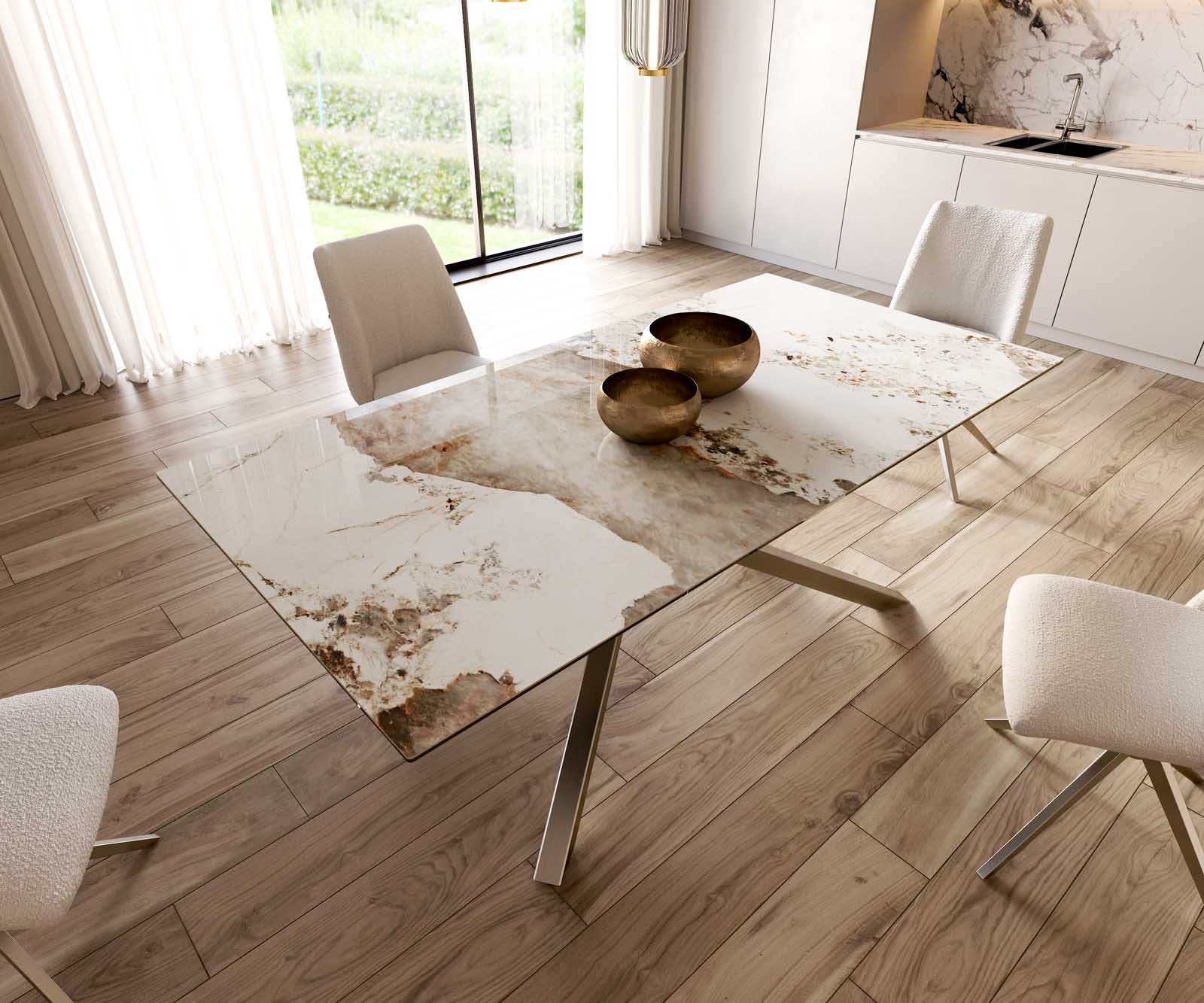 Esstisch Edge 200x100 Keramik Minas Melange Weiß-Beige Kreuzgestell Rechteck Edelstahl 5