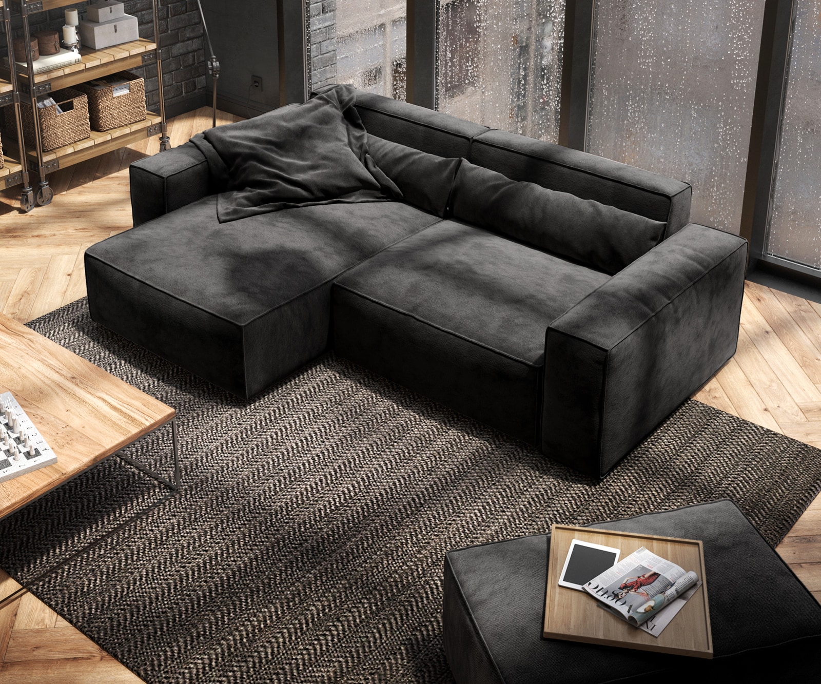 Ecksofa Sirpio 230x155 cm Mikrofaser Schwarz Recamiere variabel mit Hocker 3 Ecksofa Sirpio 230x155 cm Mikrofaser Schwarz Recamiere variabel mit Hocker 3