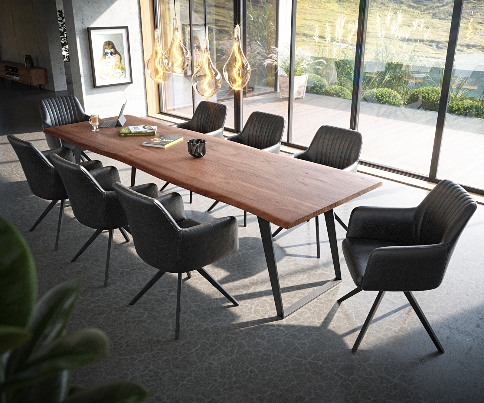 Esszimmerstuhl Greg-Flex Echt-Leder Schwarz Kreuzgestell kantig Schwarz Taschenfederkern 4