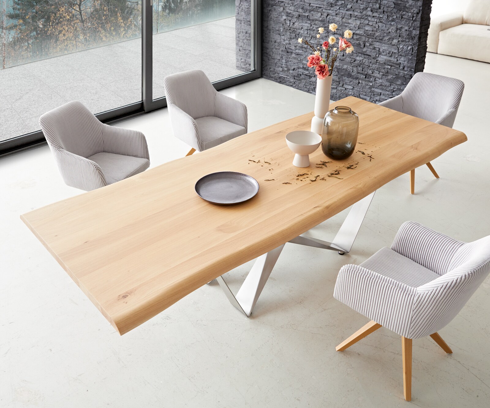 Esstisch Edge 260x100 Eiche Natur Spider Flachstahl Edelstahl Live-Edge 3