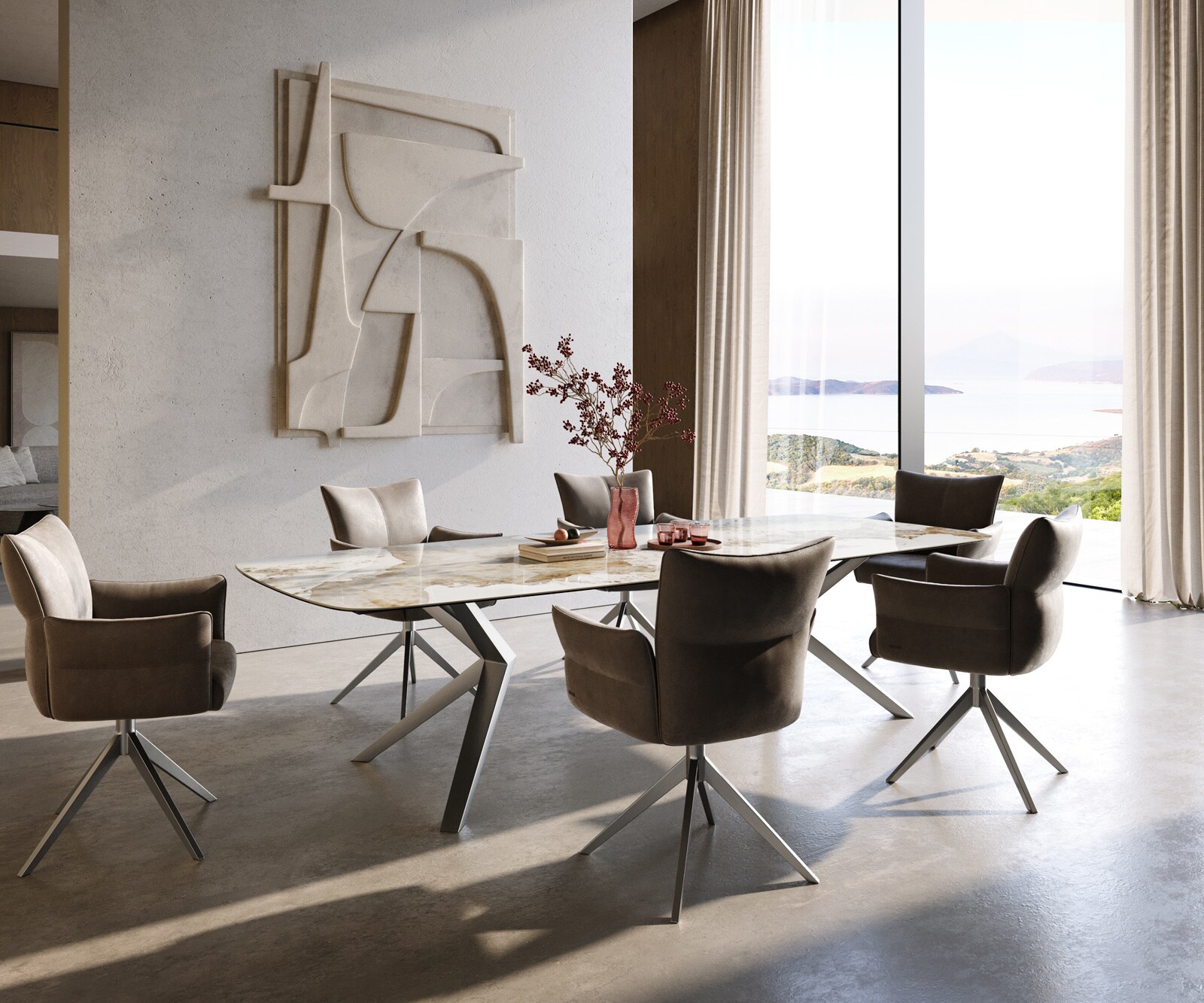 Esstisch Edge Boot 300x120 cm Keramik Minas Melange Weiß-Beige Zenthara kantig Edelstahl 5