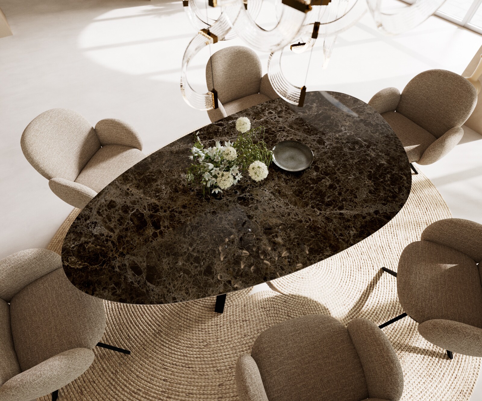 Esstisch Edge Oval 220x120 Keramik Emperador Extra Lucidato Dunkelbraun Zenthara kantig Metall Schwarz 1