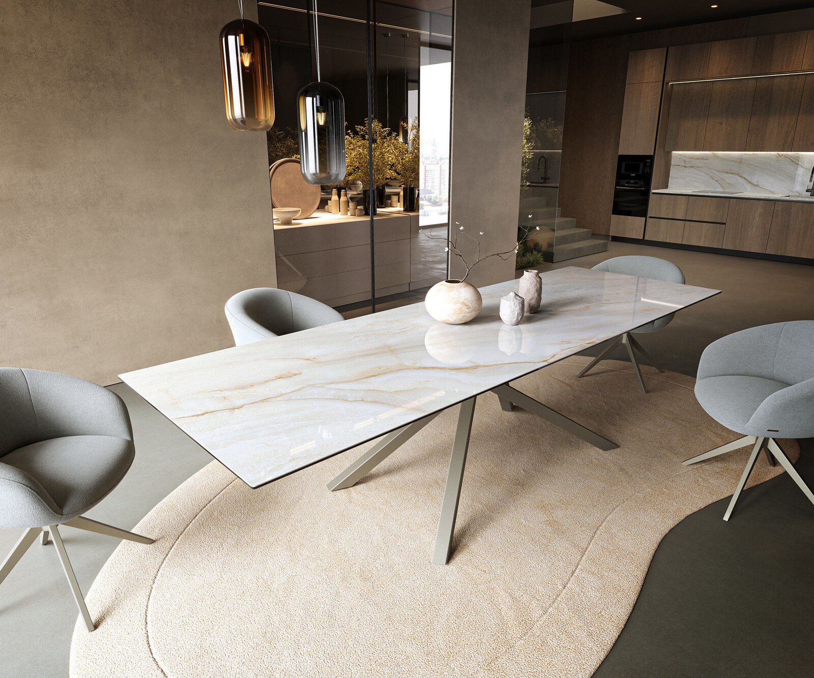 Esstisch Edge 300x100 cm Keramik Onyx Pearl Kreuzgestell Rechteck Effektfinish Titan 1