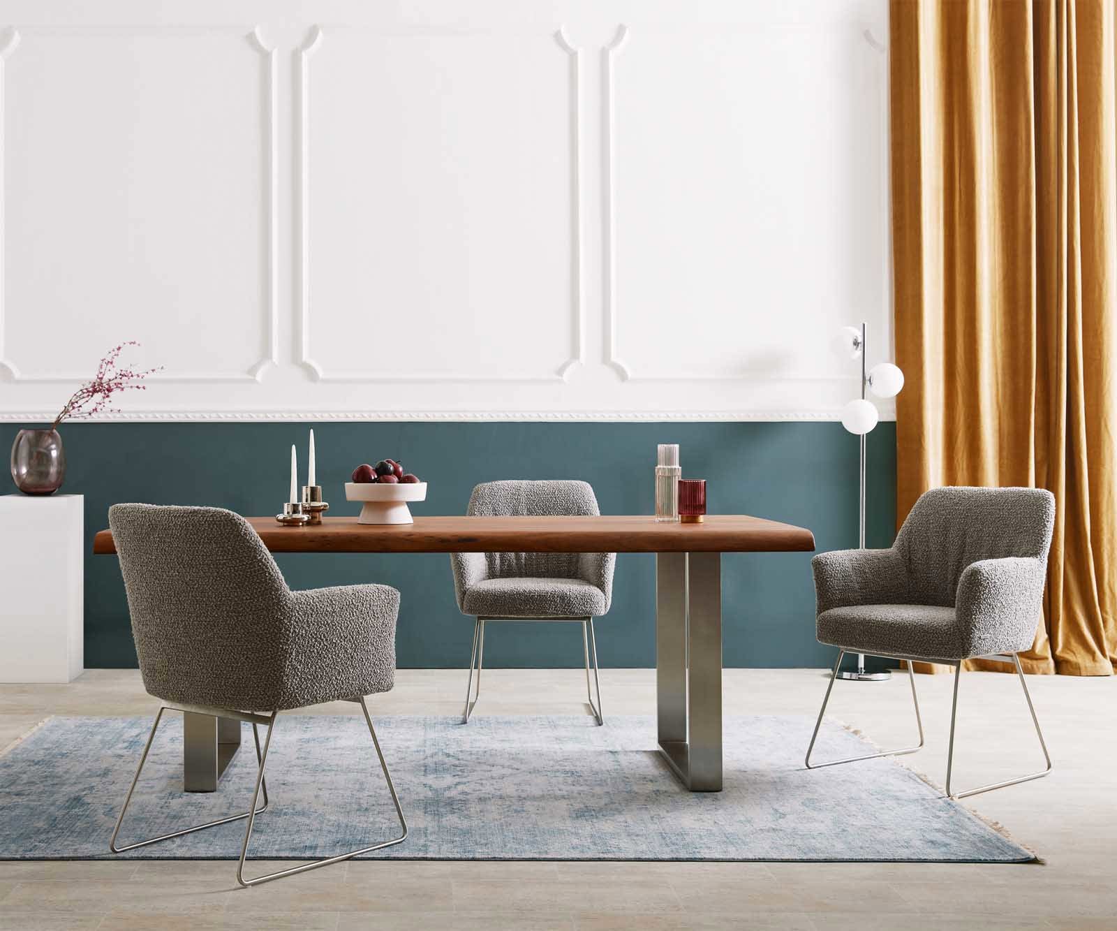 Esszimmerstuhl Xana-Flex mit Armlehnen Bouclé Silbergrau Kufengestell Edelstahl Taschenfederkern 5 Esszimmerstuhl Xana-Flex mit Armlehnen Bouclé Silbergrau Kufengestell Edelstahl Taschenfederkern 5