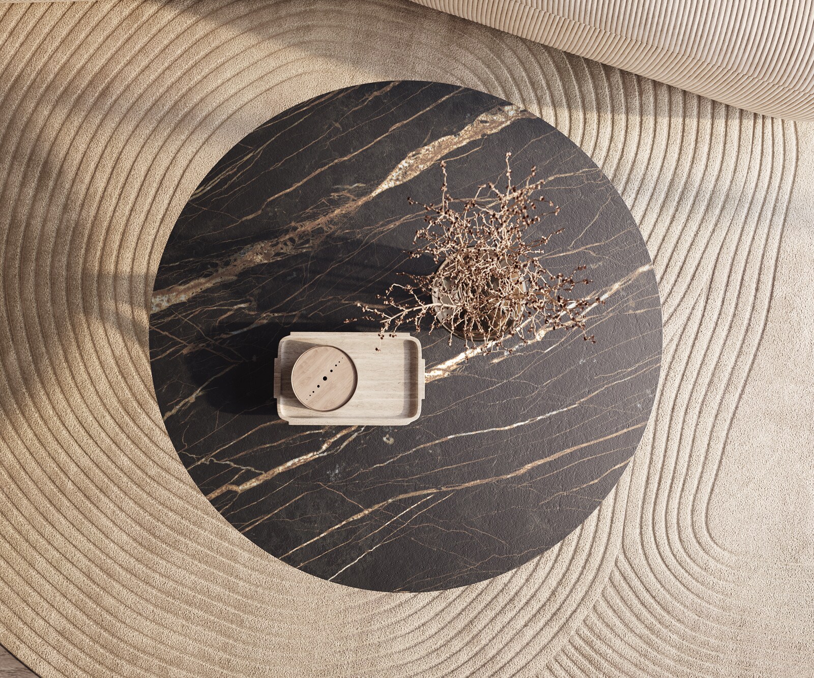 Couchtisch Edge Rund 100x100 cm Keramik Laminam® Noir Desir Braun Sarity Metall Schwarz 1