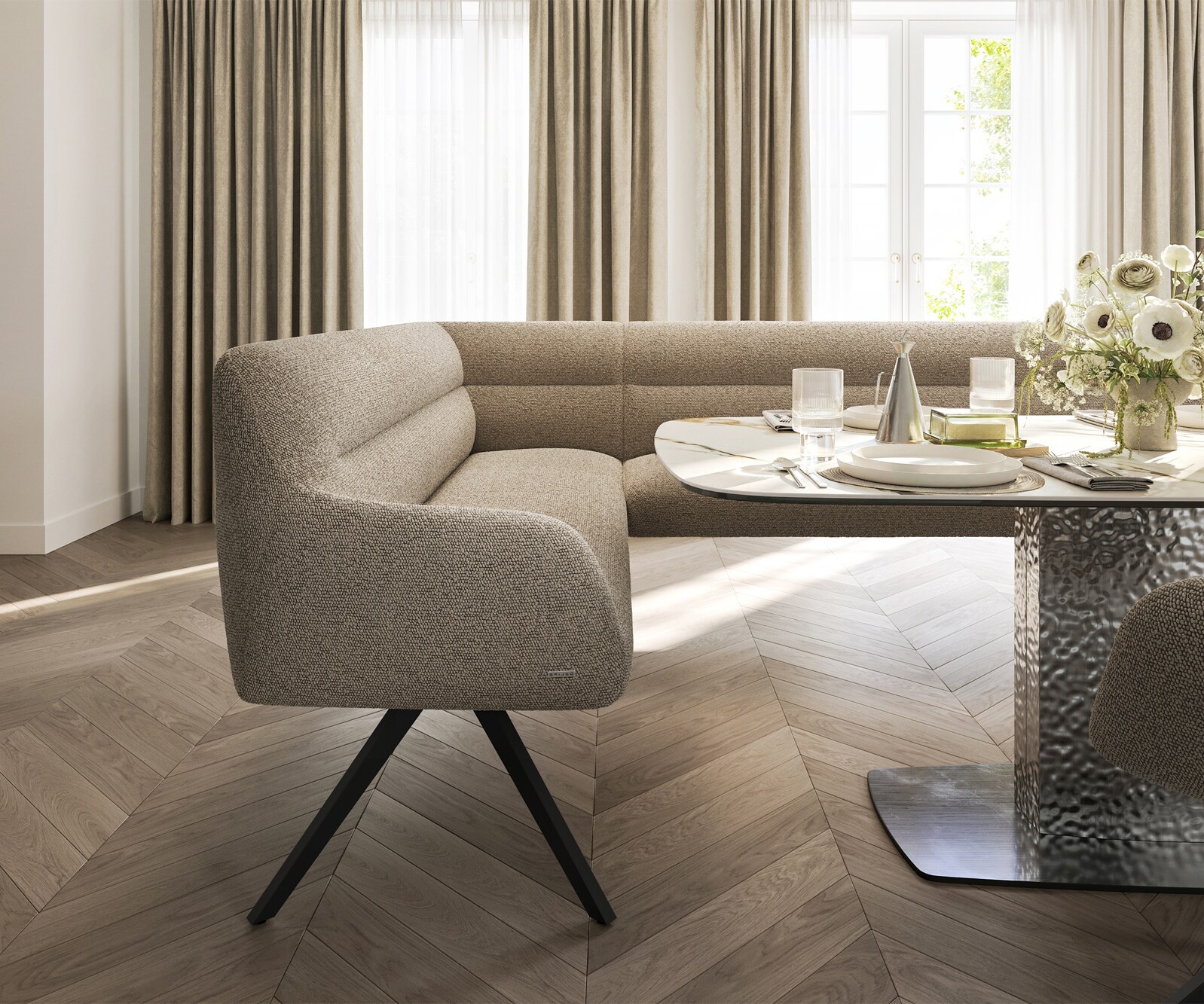 Esszimmerbank Taya-Flex 285x190 cm Bouclé Schlamm Kreuzgestell kantig Schwarz Taschenfederkern Rechts 5