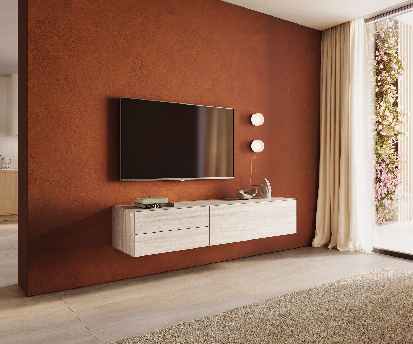 Lowboard Cuor 180 cm Keramik Laminam® Travertino Bianco Creme-Weiß 1 Klappe 2 Schubfächer Schwebend