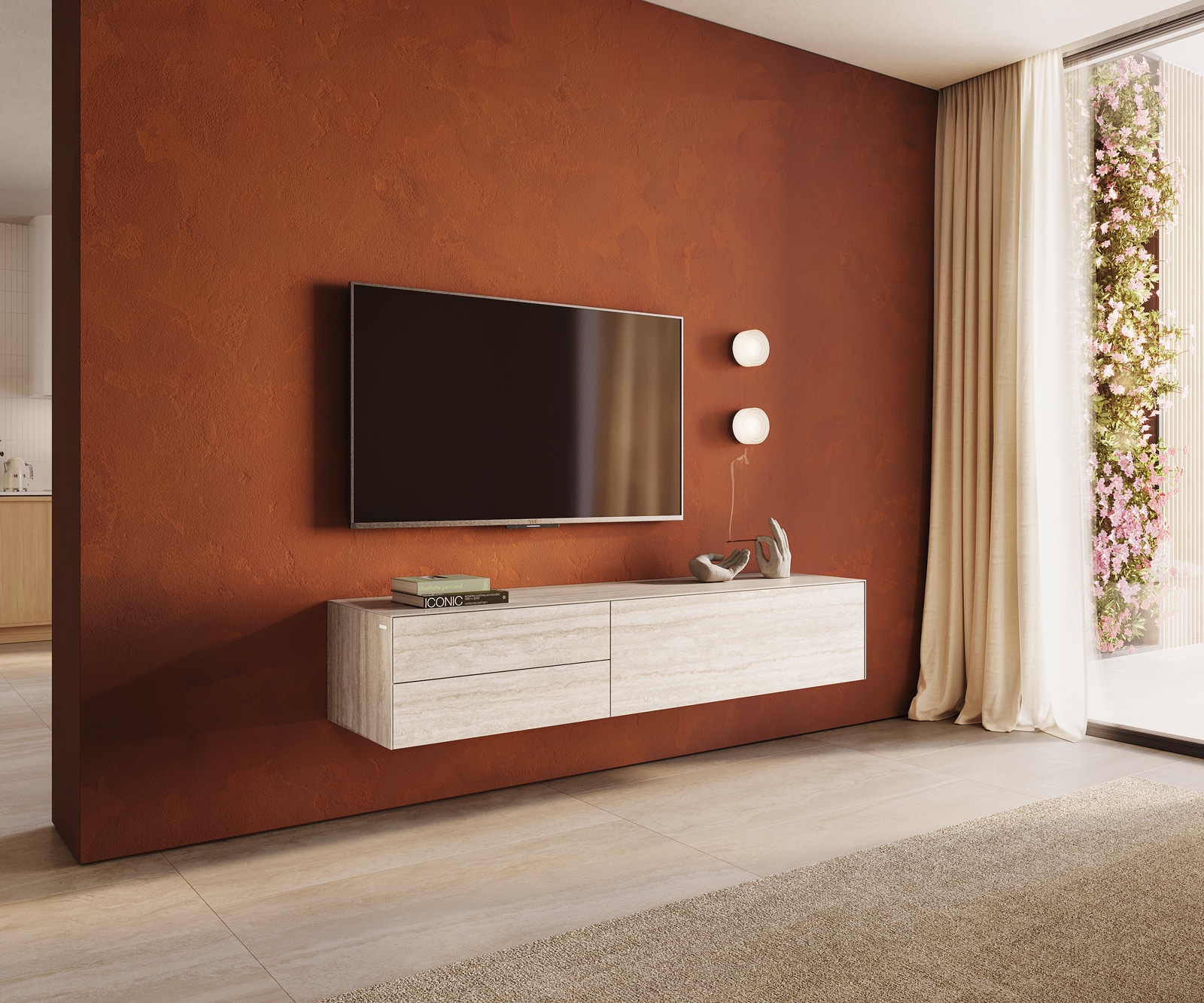 Lowboard Cuor 180 cm Keramik Laminam® Travertino Bianco Creme-Weiß 1 Klappe 2 Schubfächer Schwebend
