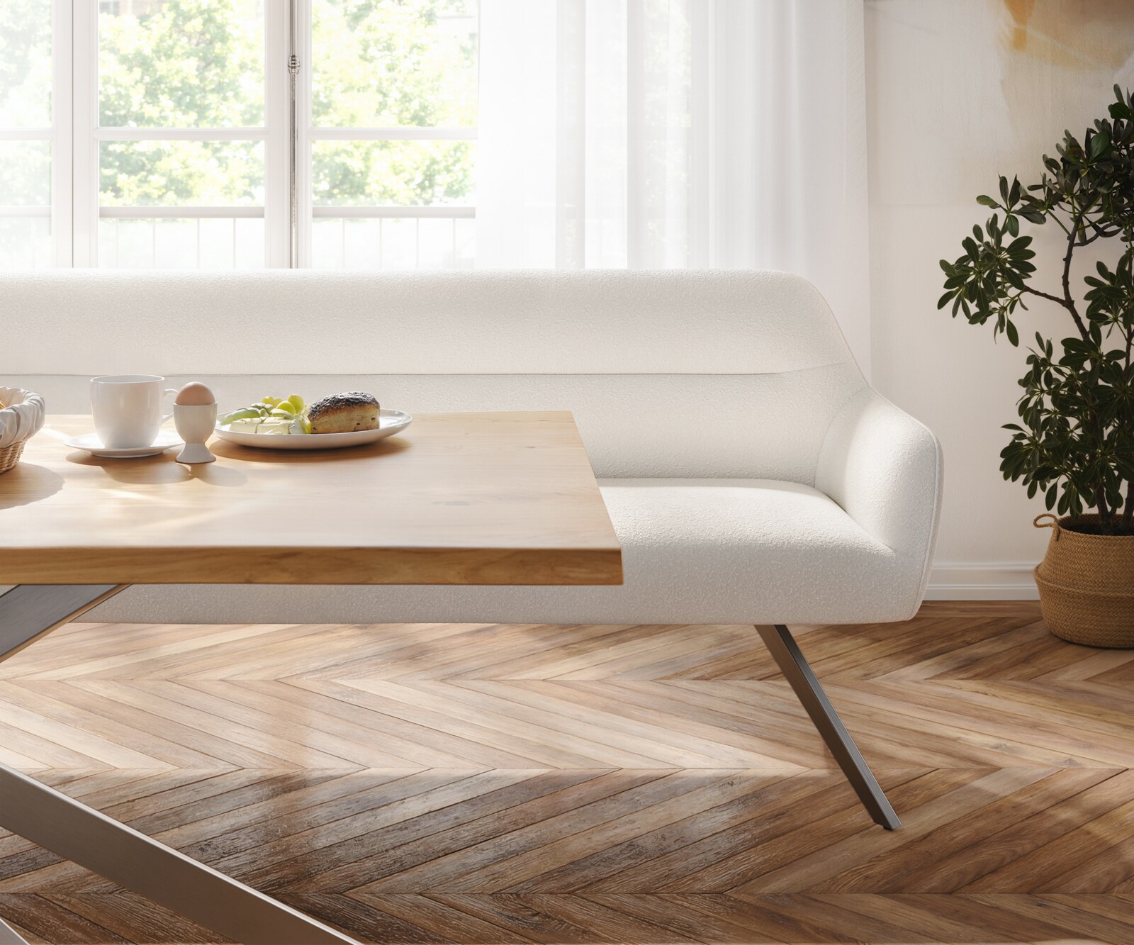 Esszimmerbank Taya-Flex 300 cm Bouclé Creme-Weiß Kreuzgestell kantig Graphit Taschenfederkern 4