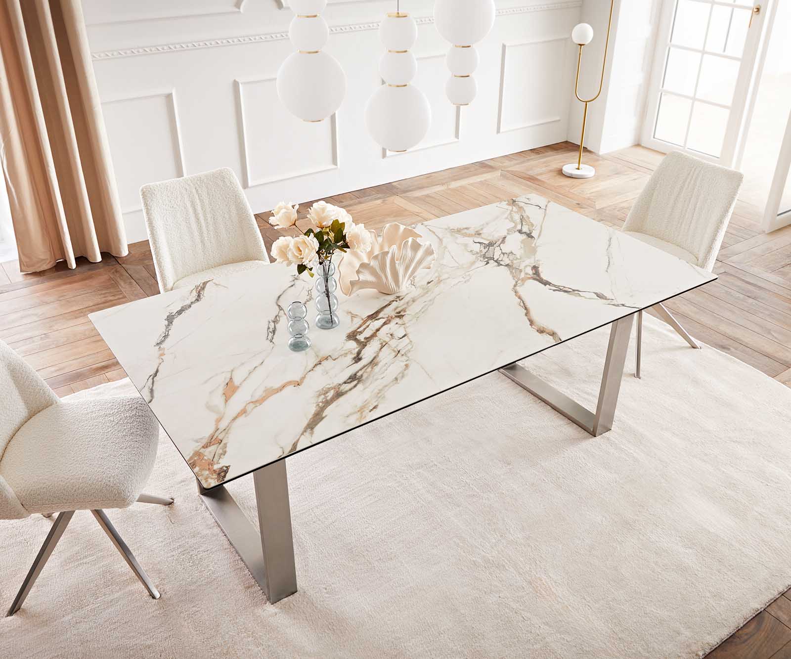 Esstisch Edge 200x100 Keramik Calacatta Luxe Weiß-Gold-Grau Edelstahl Schmal 6 Esstisch Edge 200x100 Keramik Calacatta Luxe Weiß-Gold-Grau Edelstahl Schmal 6