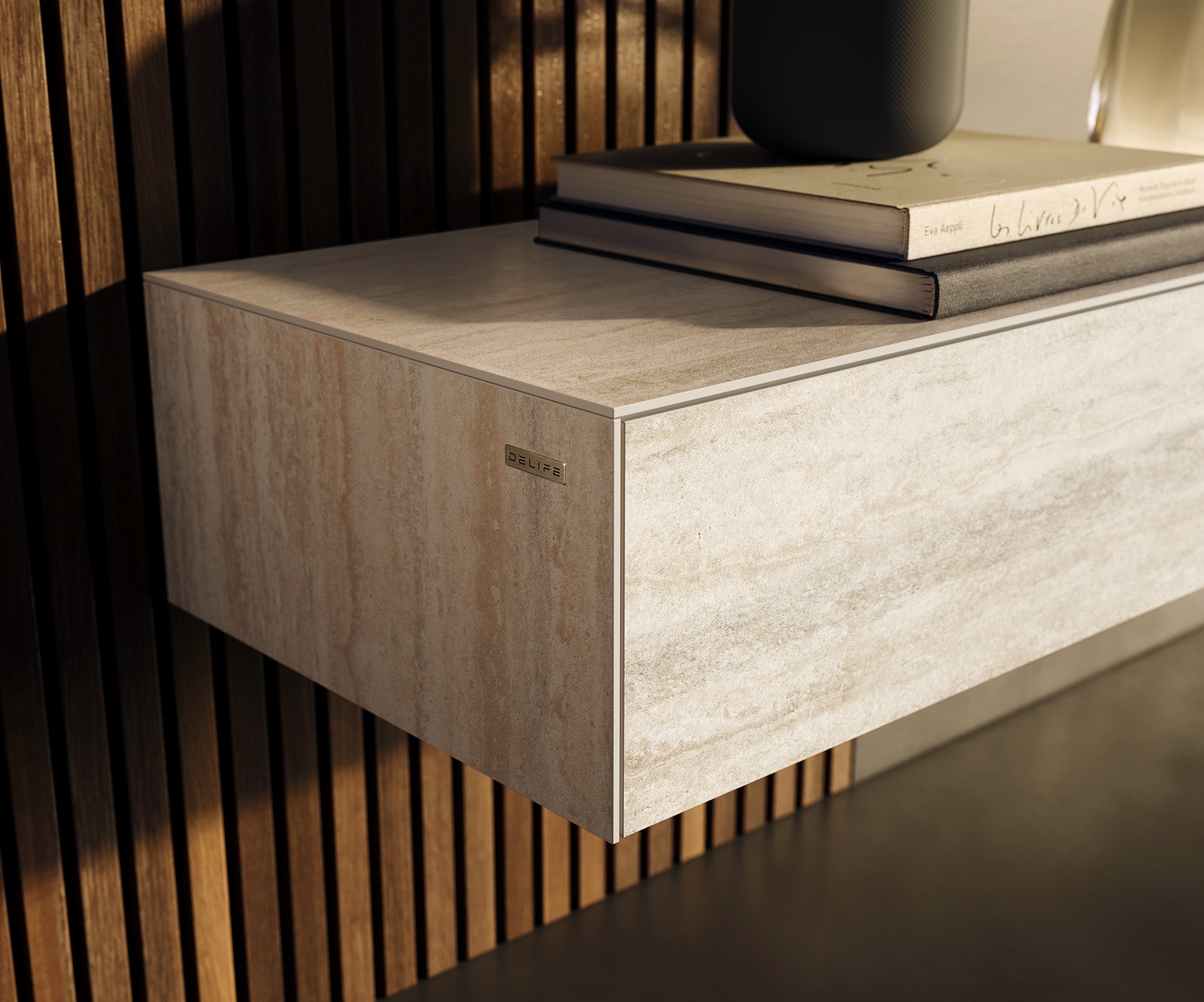 Lowboard Cuor 250 cm Keramik Laminam® Travertino Bianco Creme-Weiß 1 Klappe 1 Schubfach Schwebend 6