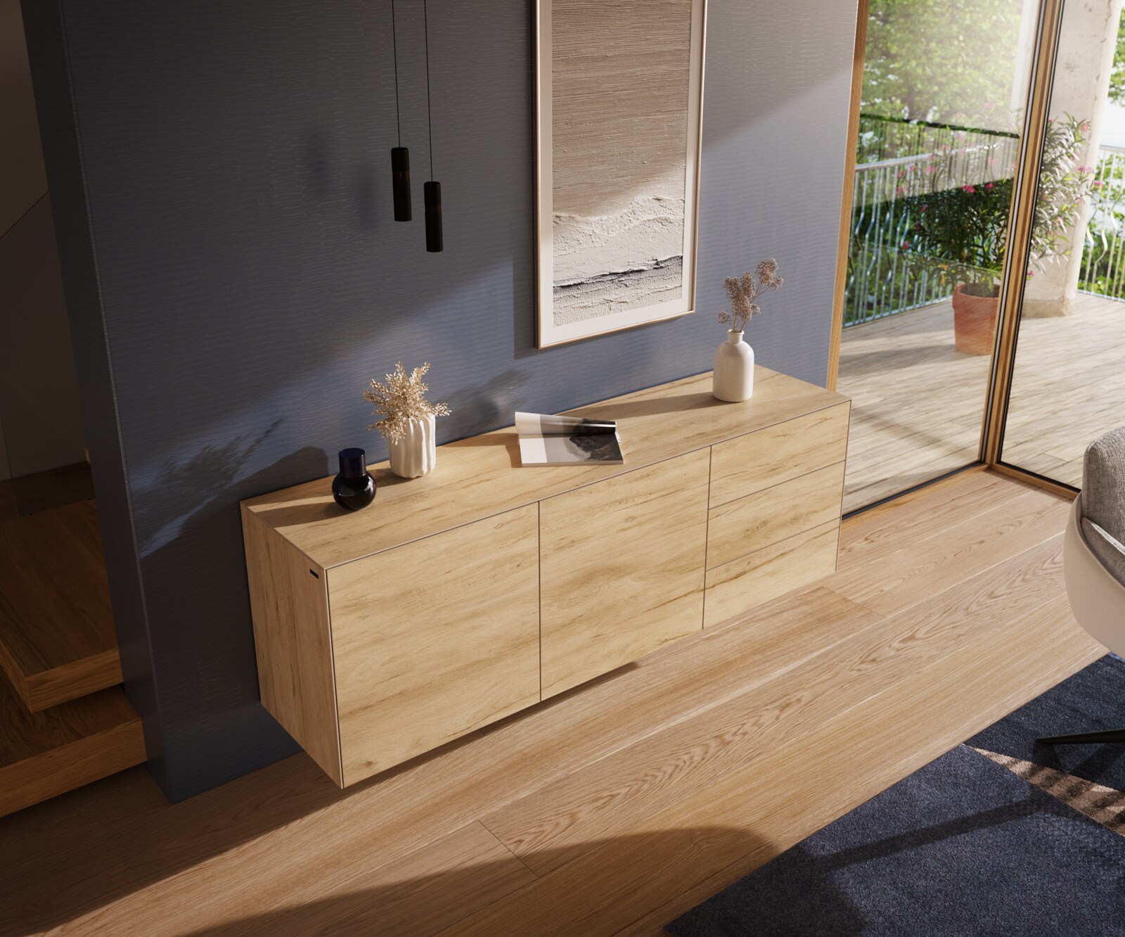 Sideboard Cuor 180 cm Keramik Laminam® Sabbia Eichefarbig 2 Türen 3 Schubfächer Schwebend 3